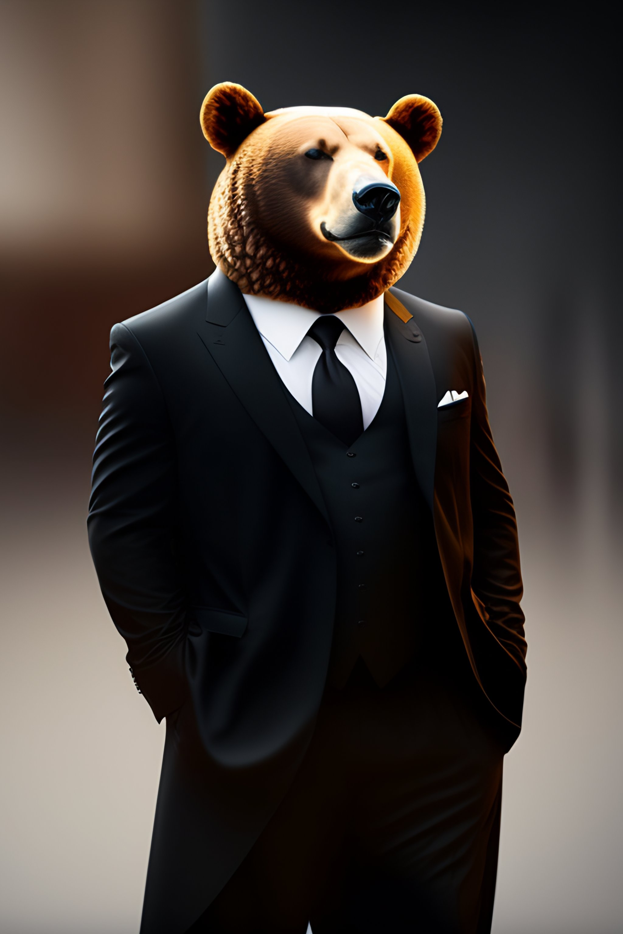 Lexica - Anthropomorphic bear in a bodyguard black suit