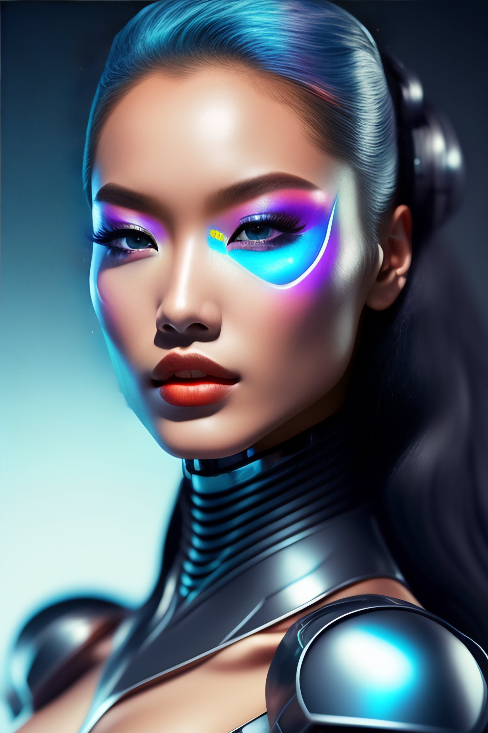 Lexica - Beautiful robot woman , gray skin , cyan glowing eyes , big ...