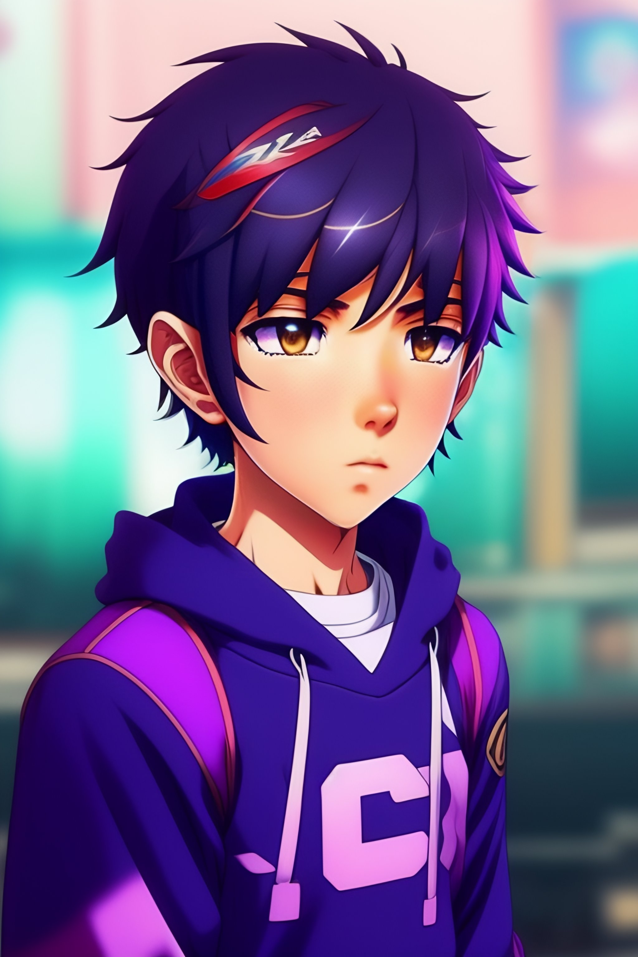 Lexica - A 12 year old boy whose hand is half purple in anime style.