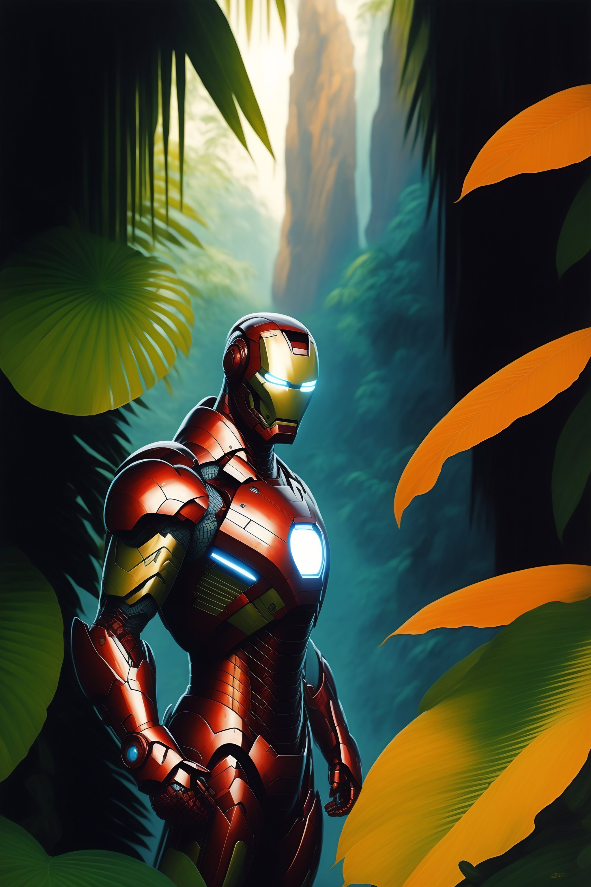 Lexica "Iron Man in the Jungle" by Syd Mead, cold color palette