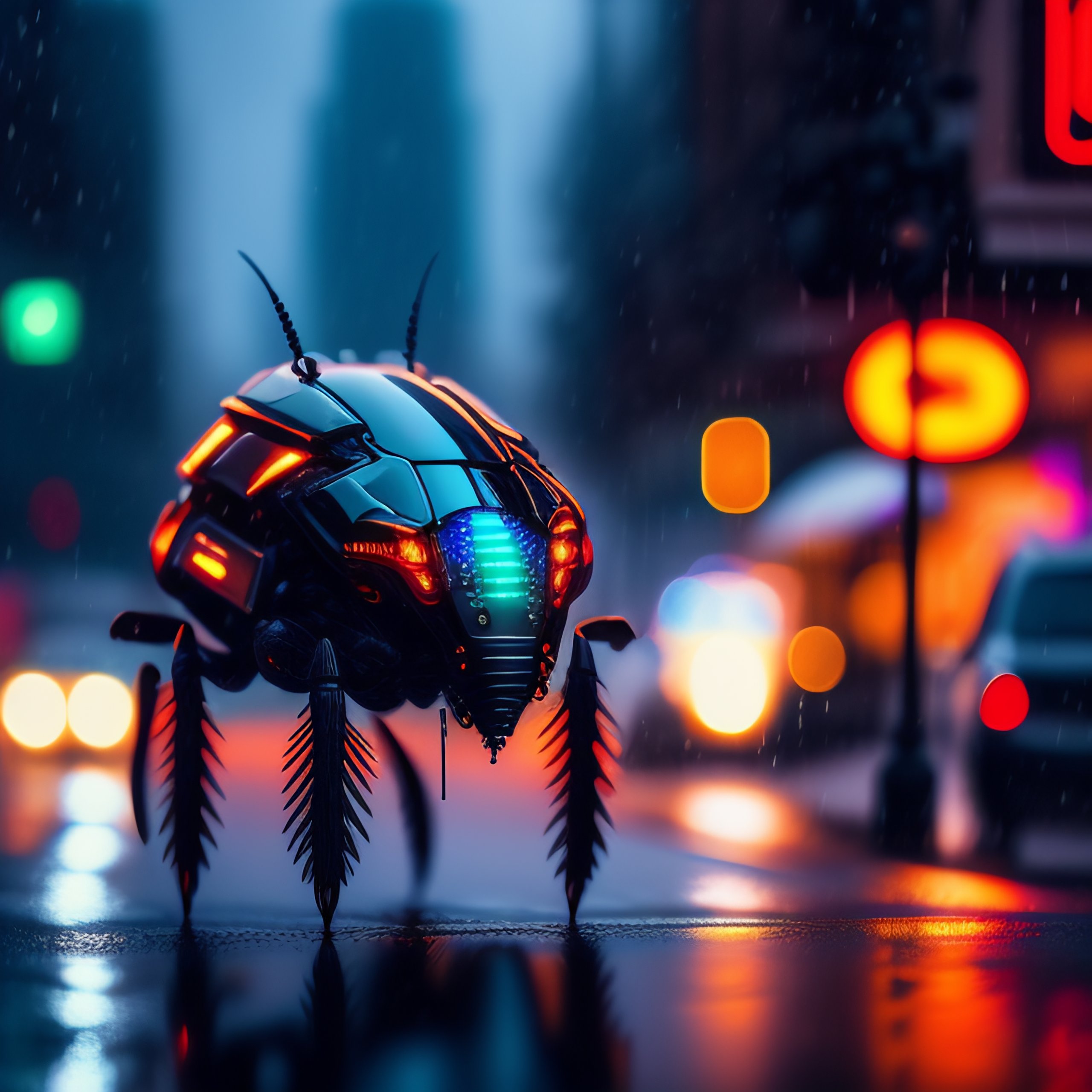 Lexica - Illustration of a metal cyborg bug walking on a wet rainy ...