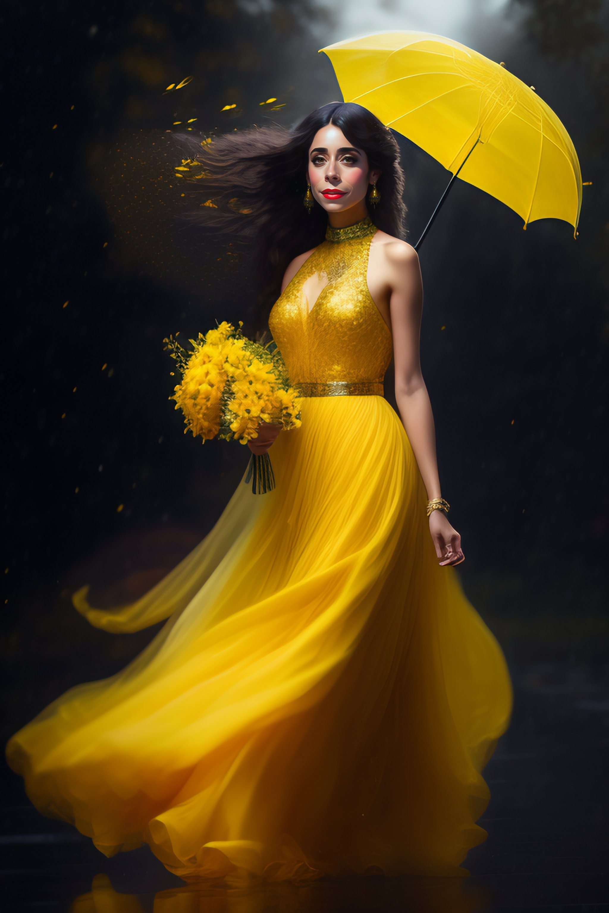Lexica - Cristin milioti is a Beautiful Bass player wearing black clothes  and yellow jewels dancing in rain storm with a yellow umbrella and yellow  f...