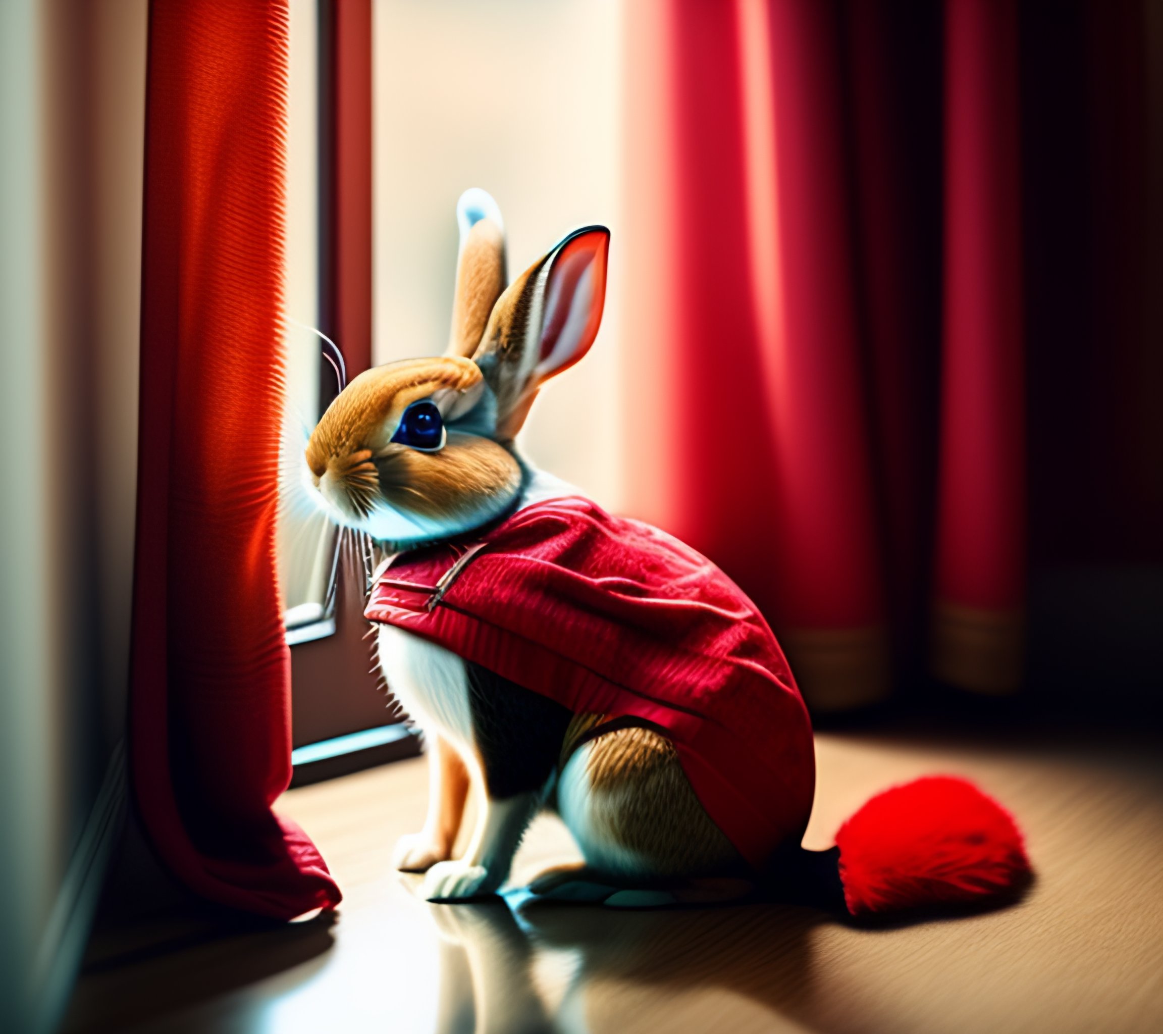 Lexica - A rabbit wear red cloth enter the apartment, front view ...