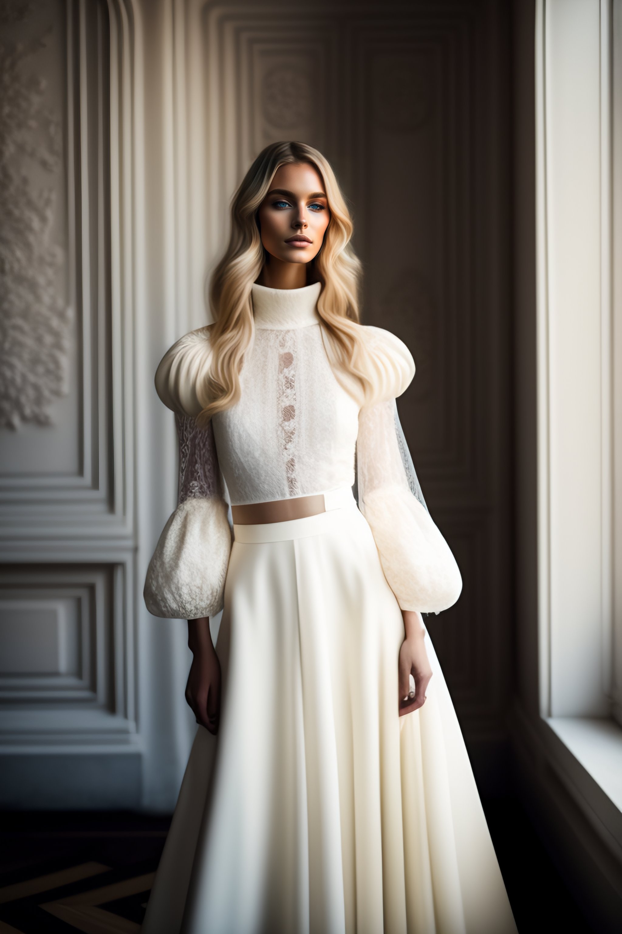 Lexica - Blond fashion model wearing a short wedding dress,ivory corded ...