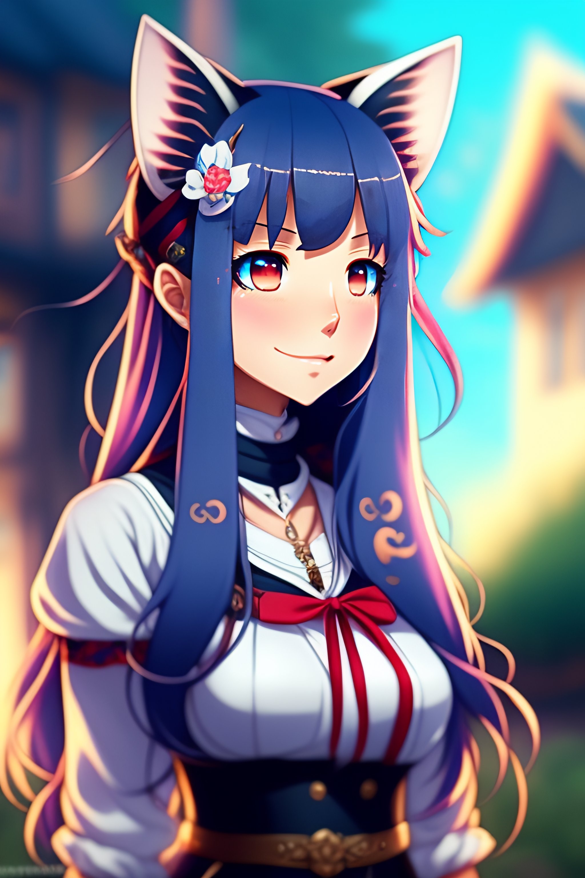 Lexica Cute anime girl, long hair, red eyes, blue hair, house in the