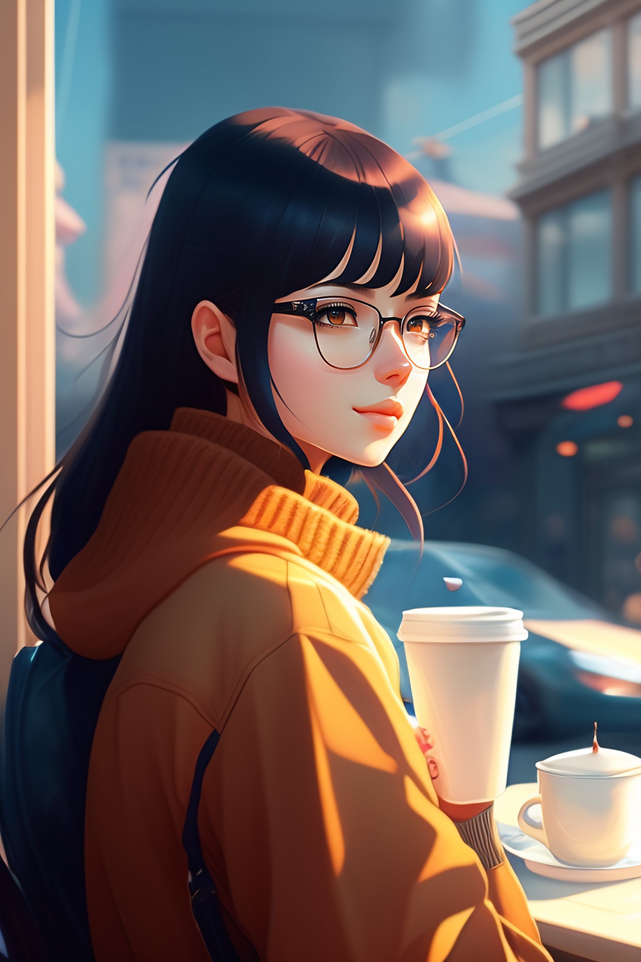 Lexica - Cute girl in sweater black hair black wayfarer glasses sitting ...