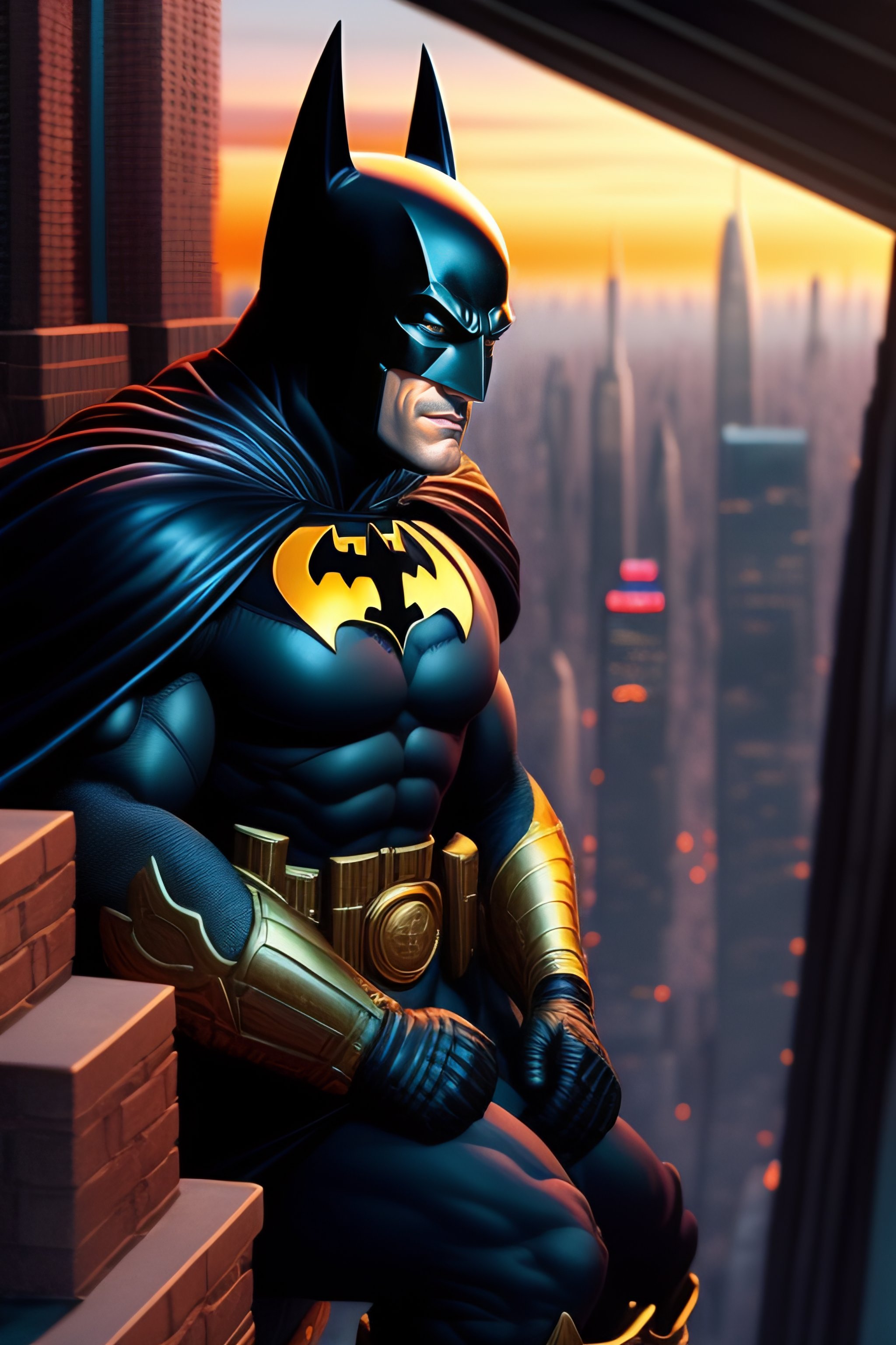 Lexica - Tom hanks batman sitting on a roof looking down at a city below,  extremely detailed