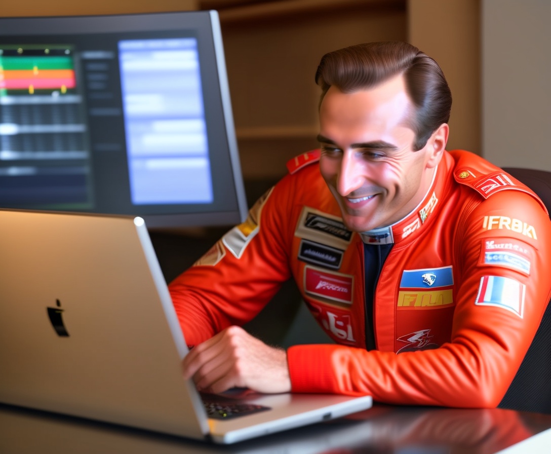 Lexica - Ferrari car racer Fangio in front of a computer screen ...