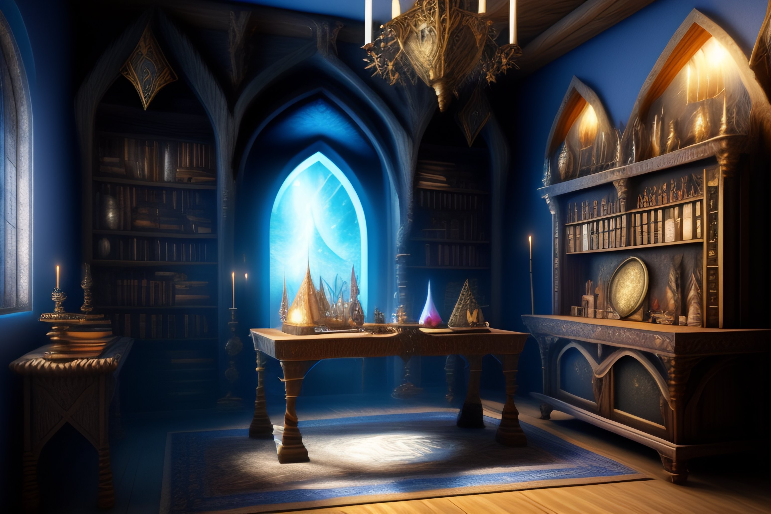 Lexica - Panoramic view of gothic medieval wizars's room with fantasy ...