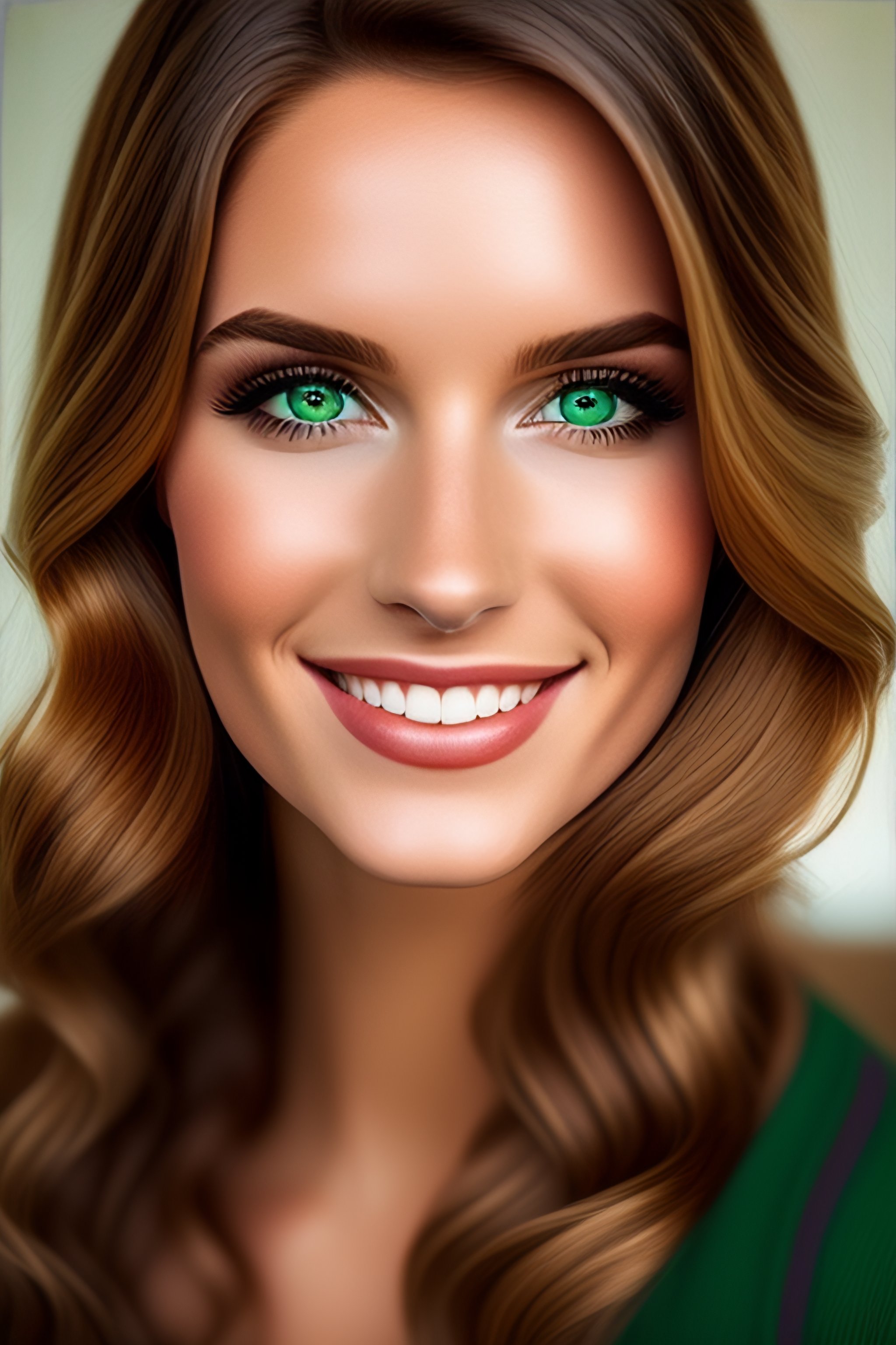 Lexica - 18 girl with green eyes and good shape with light brown hair and  lite smiley face, image size:2048x3072