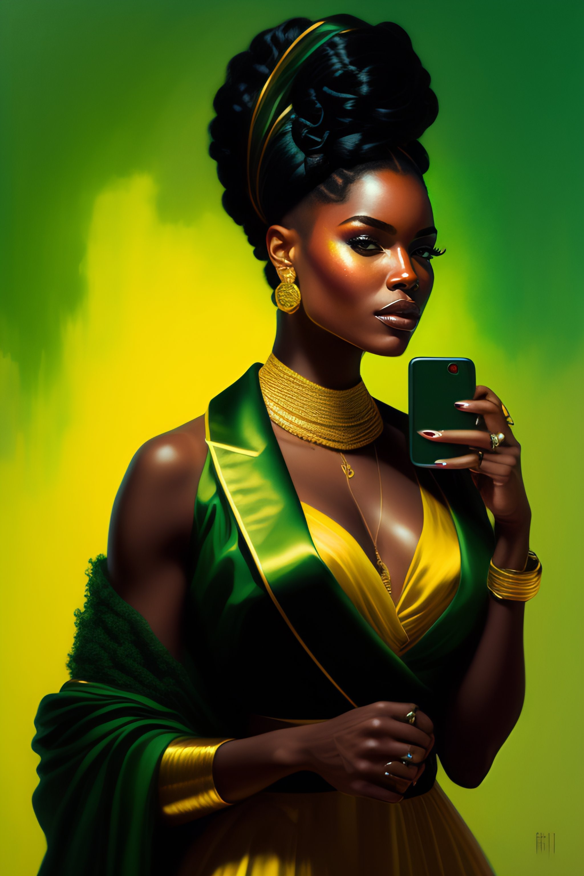Lexica A painting of hipster black woman holding a phone green and