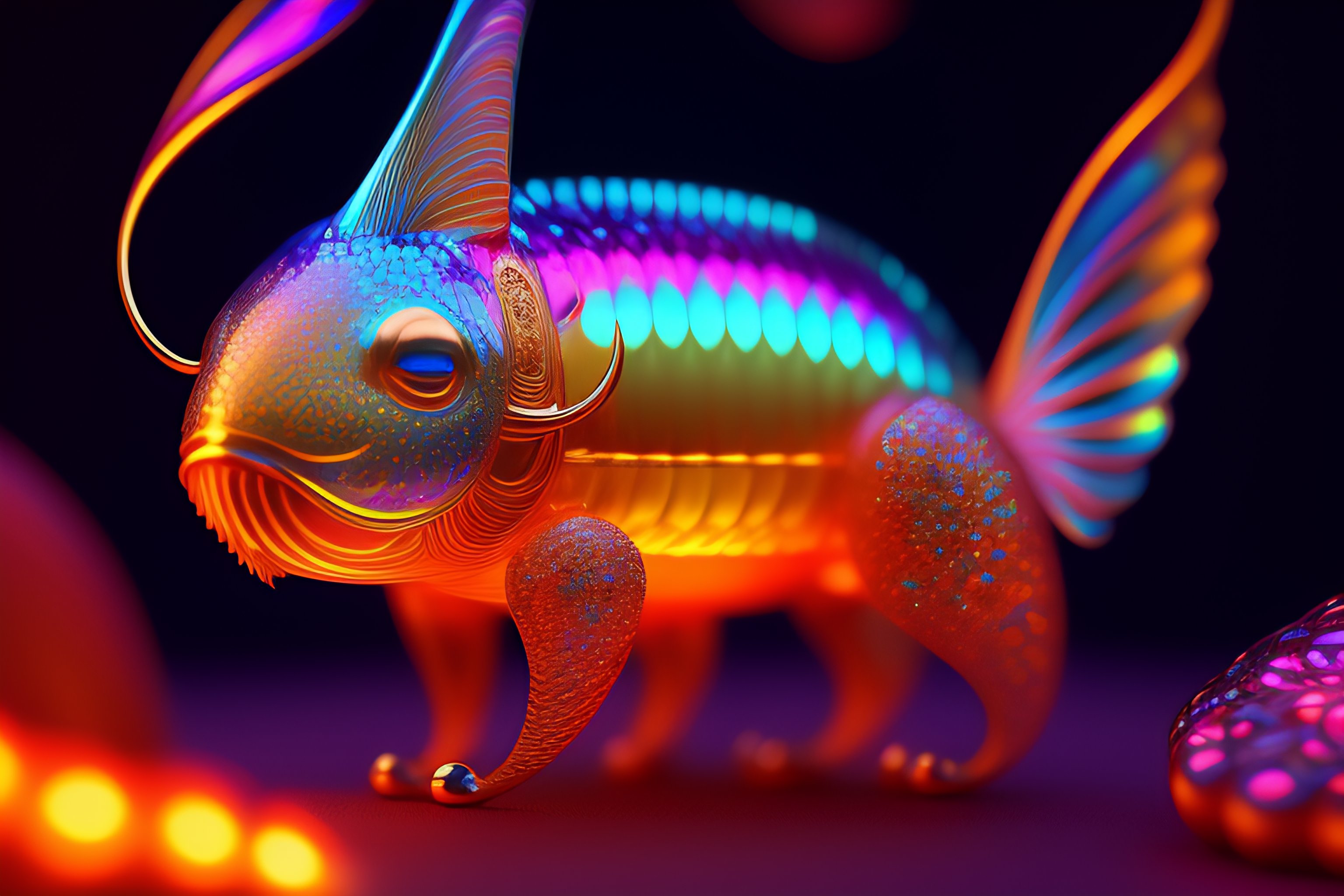 Lexica Candy iridescent creature in candyland, backlit, warm tones