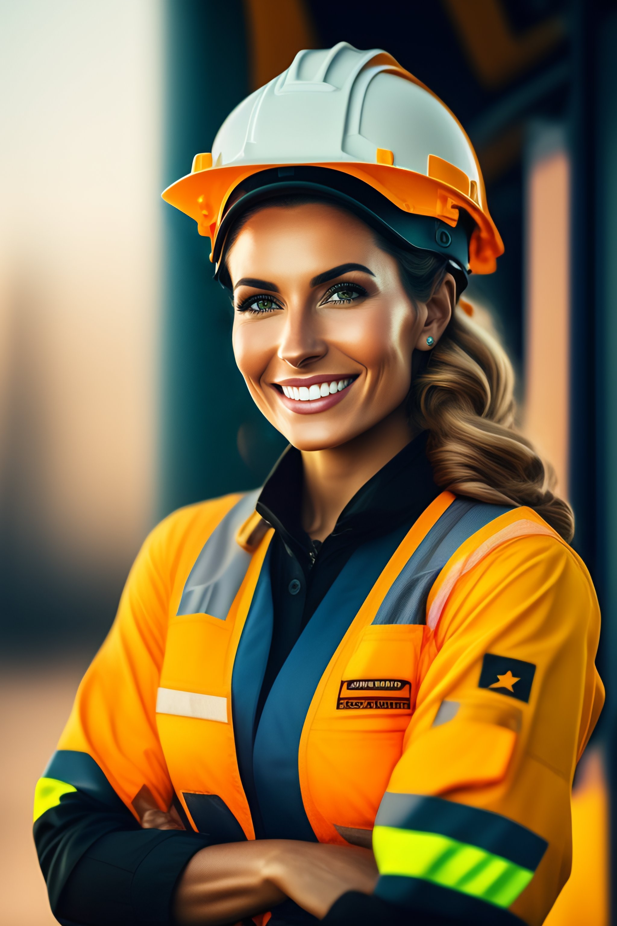 Lexica A smiling female arms crossed in a construction worker costume