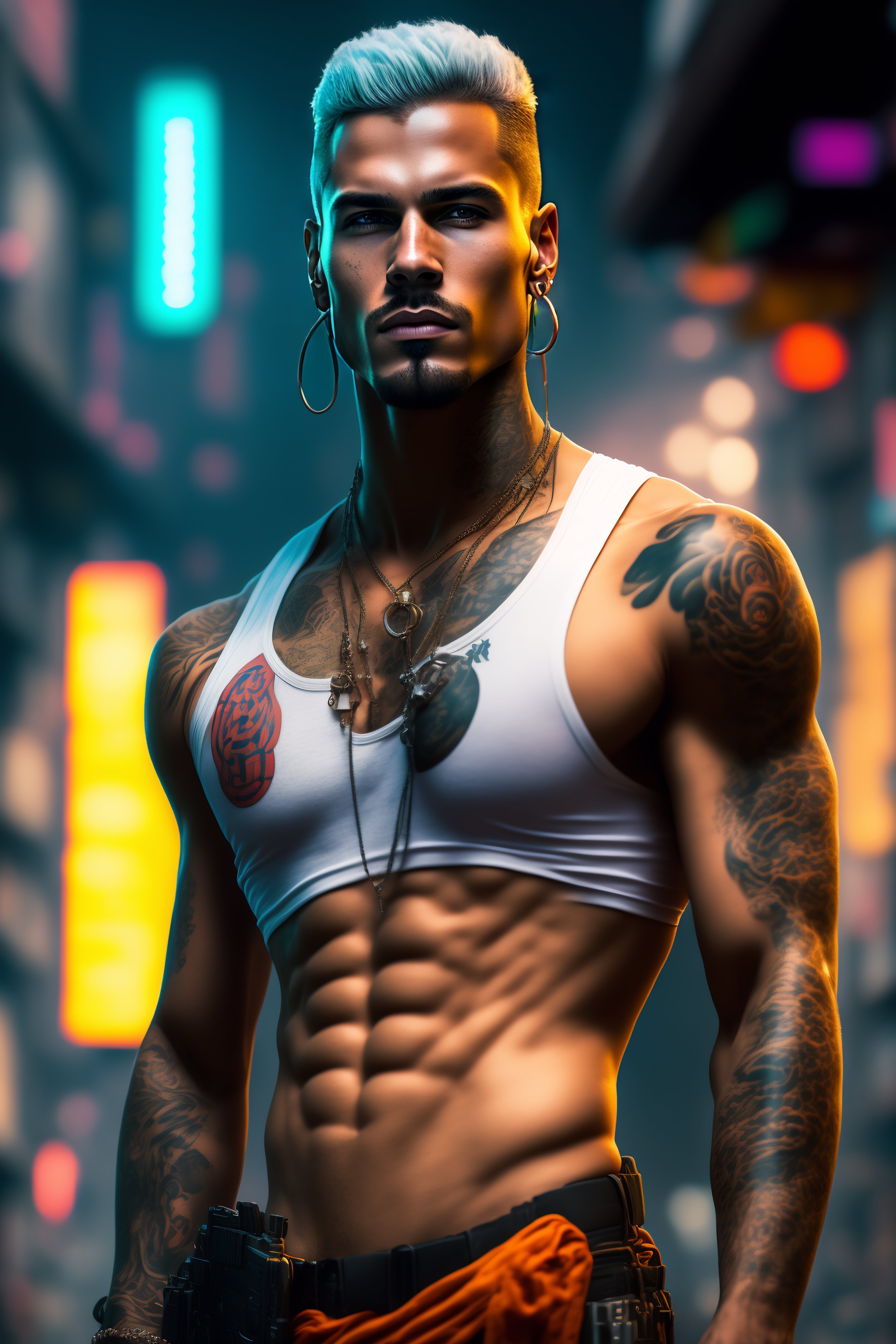 Lexica - Slum cyberpunk white man with gun, tattoed, cyberpunk slum rio ...