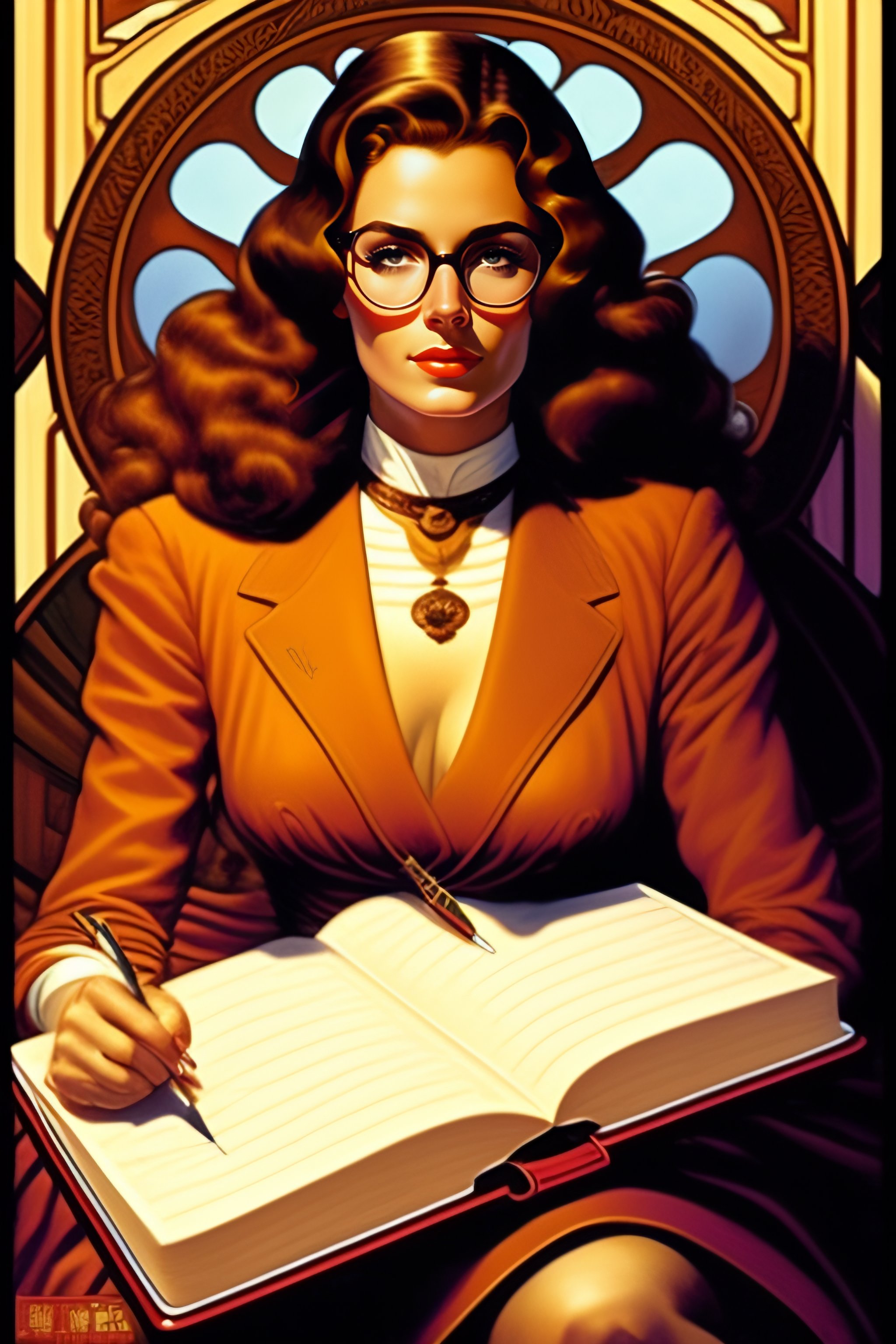 Lexica - A woman with light brown hair and glasses sitting on top of a ...