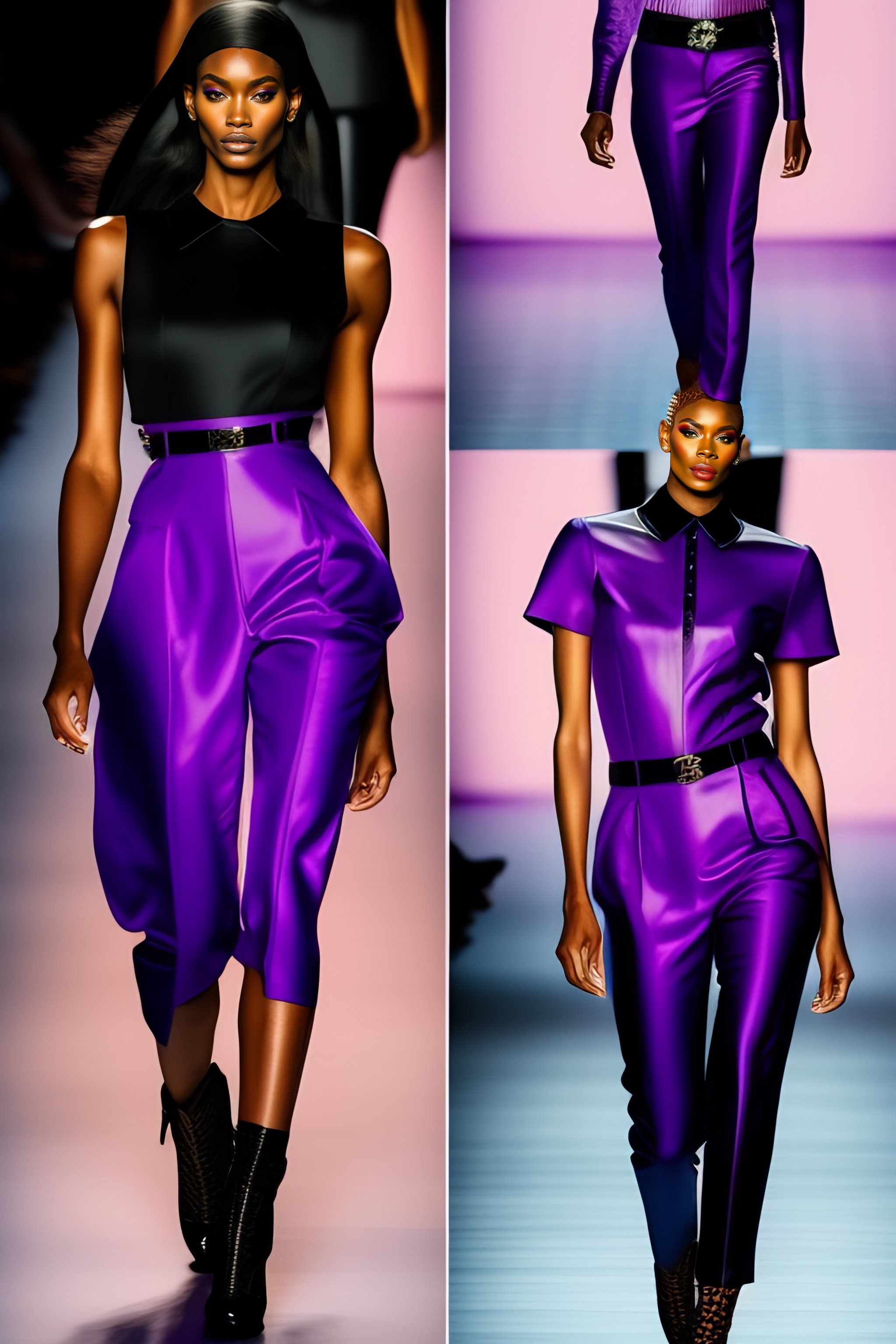 Lexica - fashion show medium size women with purple shirt and black leggings