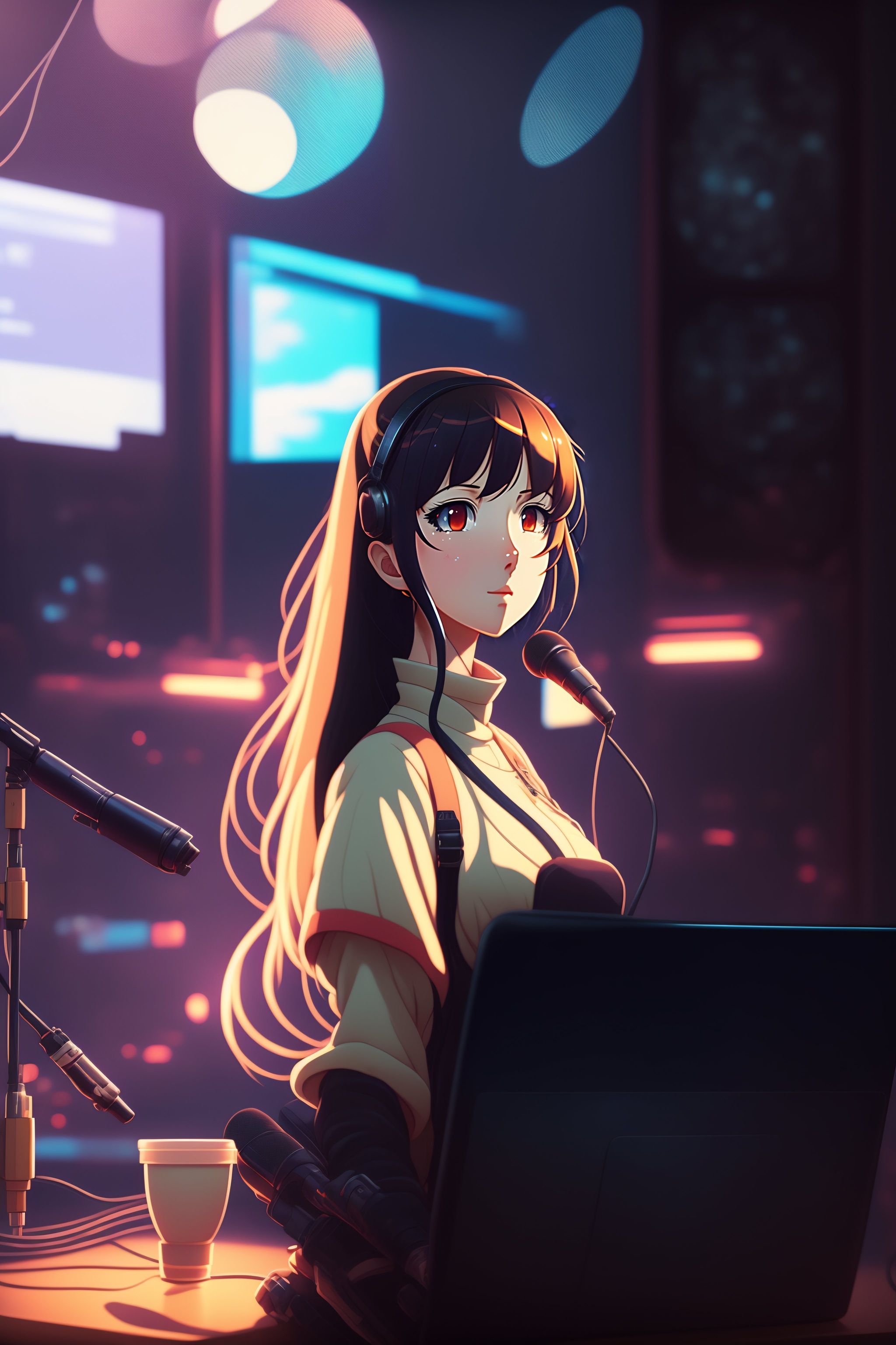 lexica-anime-girl-holding-holding-a-mic-and-looking-at-front-a-high