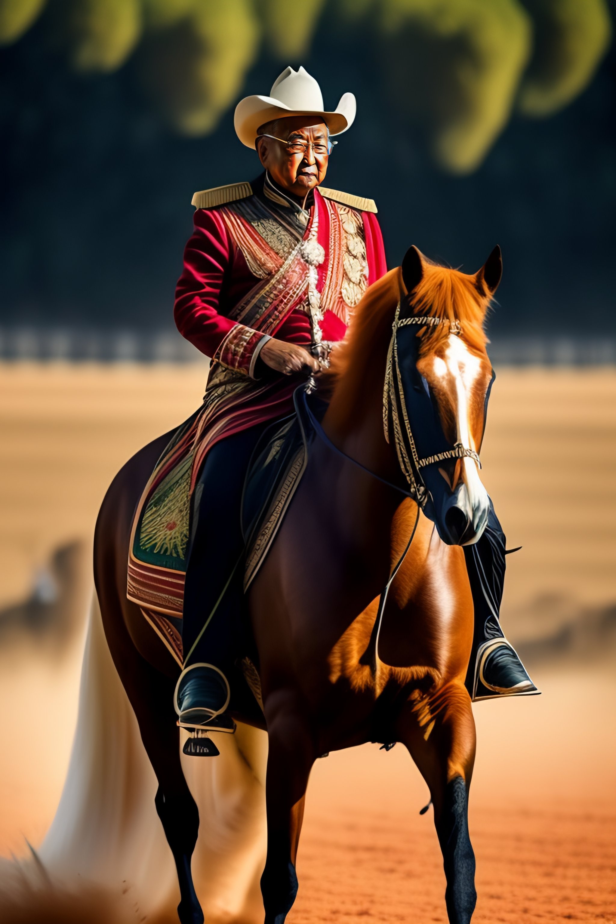 Lexica - Dr Mahathir in cowboy suit riding a horse, shooting a tomahawk ...