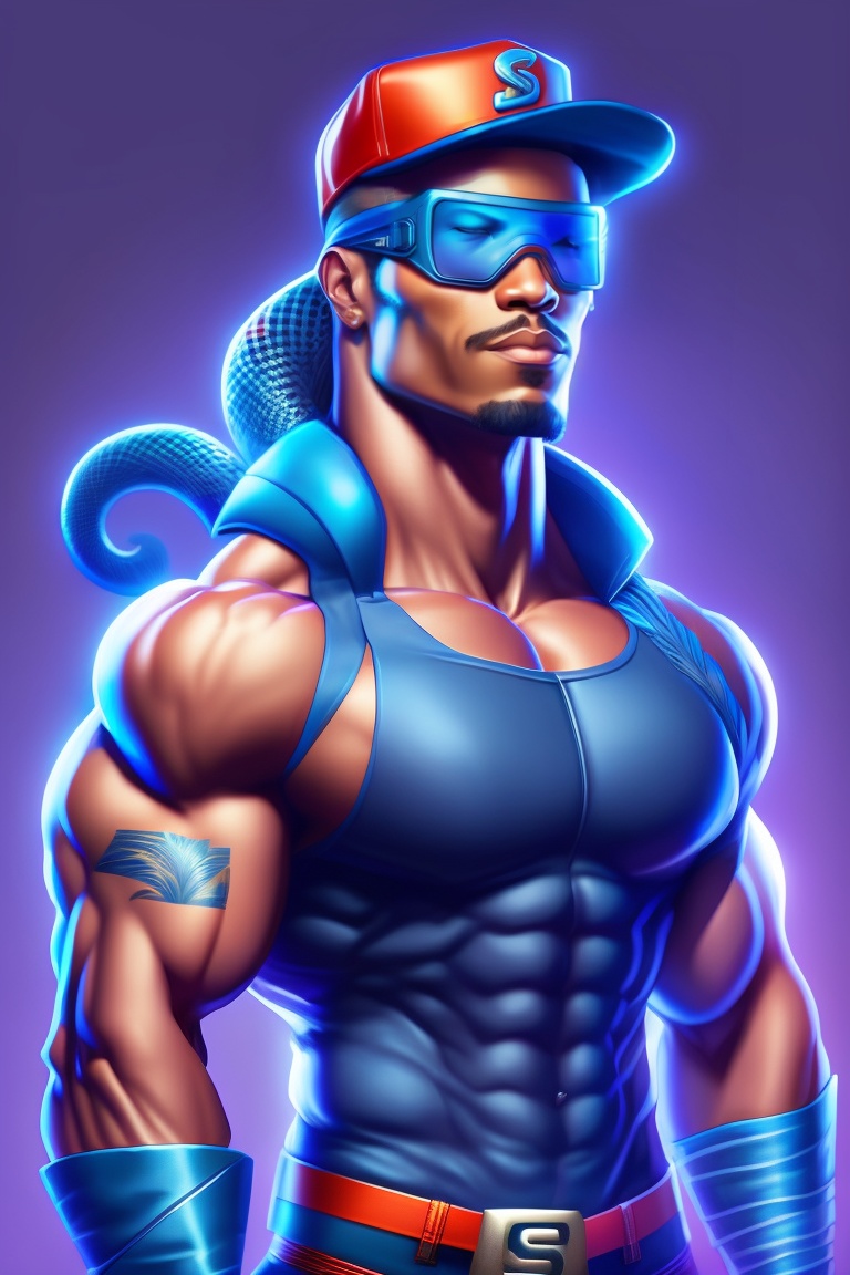 Lexica - Singer peso pluma, super hero, cap, glasses, muscle, blue colors,  digital art, with snake, full body, comic style.