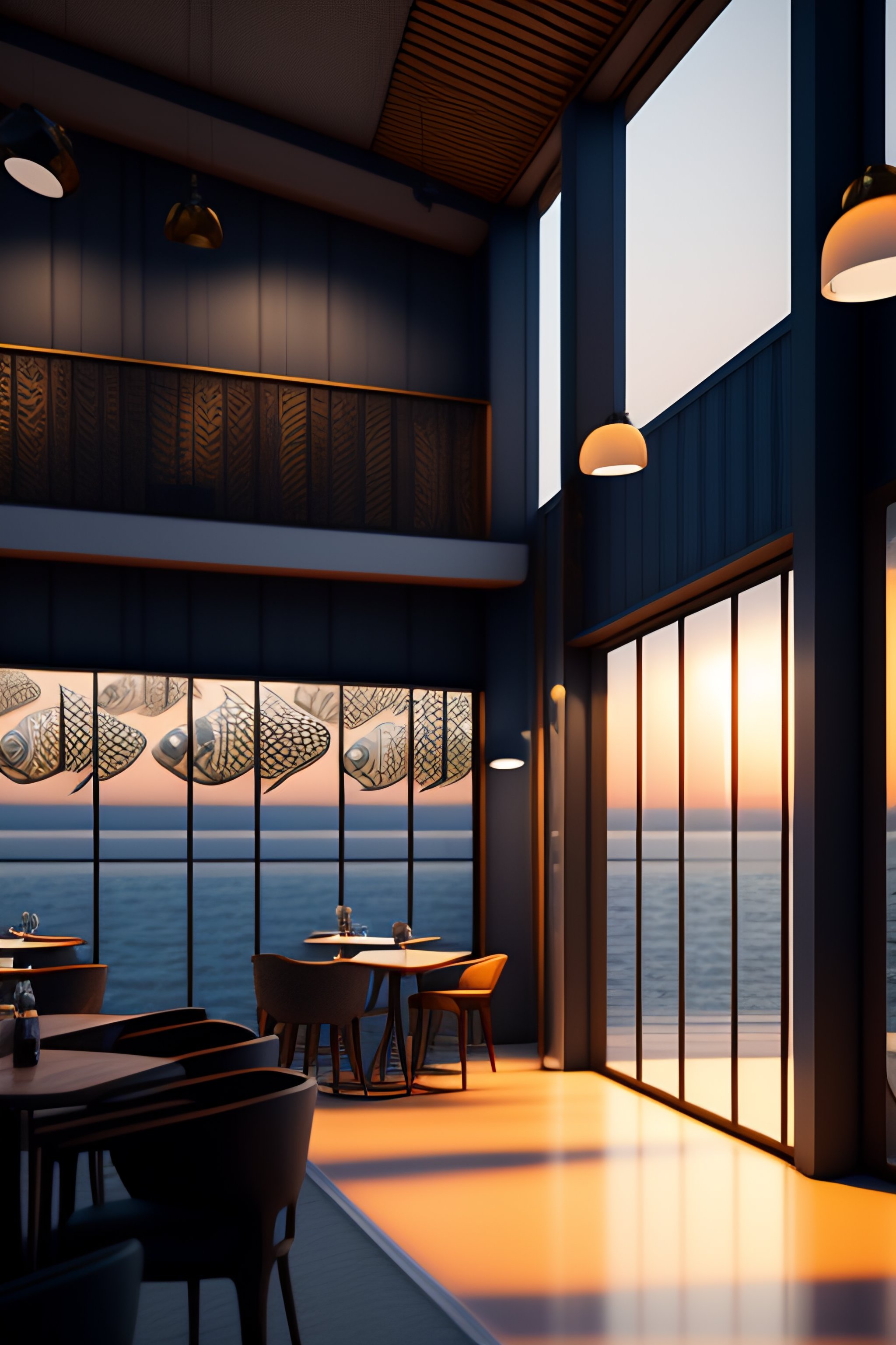 Lexica - Architectural render of a fish restaurant inside a container ...