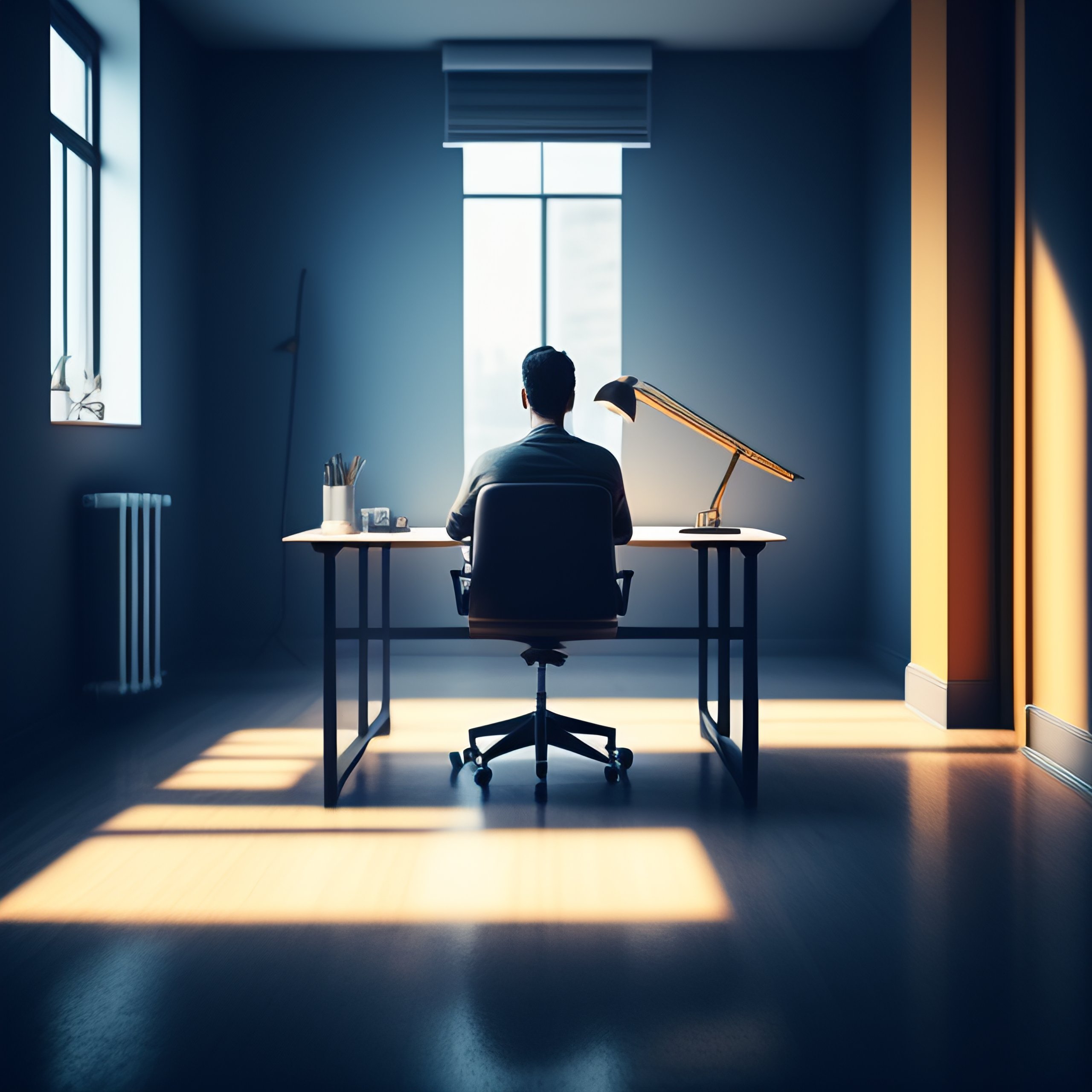 Lexica - Photography of a man sitting on his desk. sideway. wes