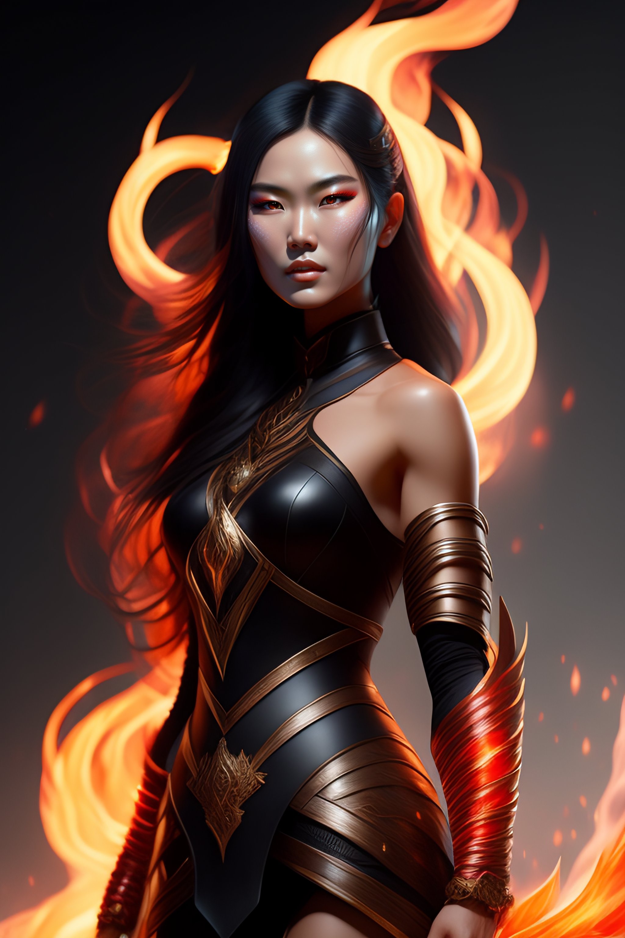 Lexica - Elden Ring, Asian woman with black hair, black armor, red eyes,  full body, fire magic in hands, grasses background with sculpture .ultra  rea...