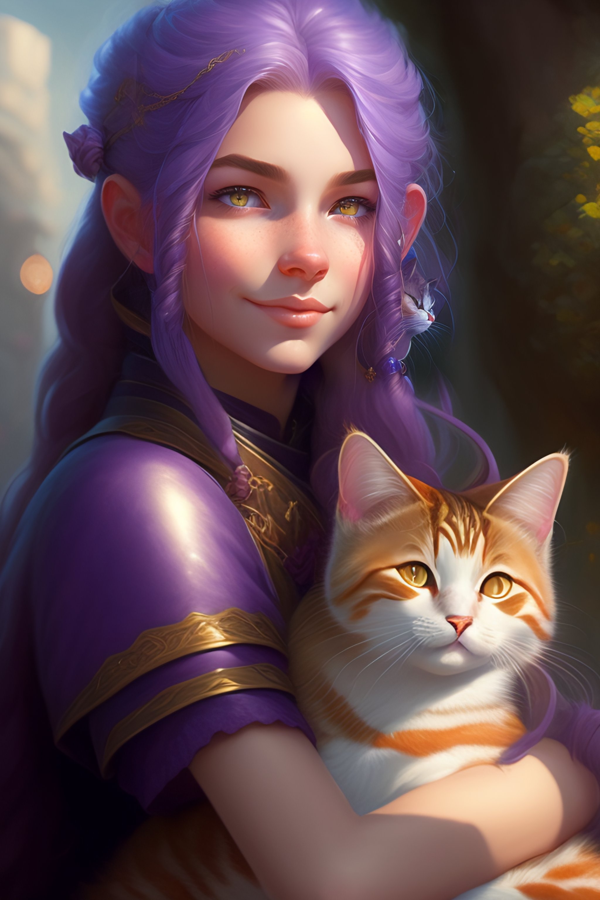 Lexica - A detailed portrait of a cute calm purple hair girl hugging a ...