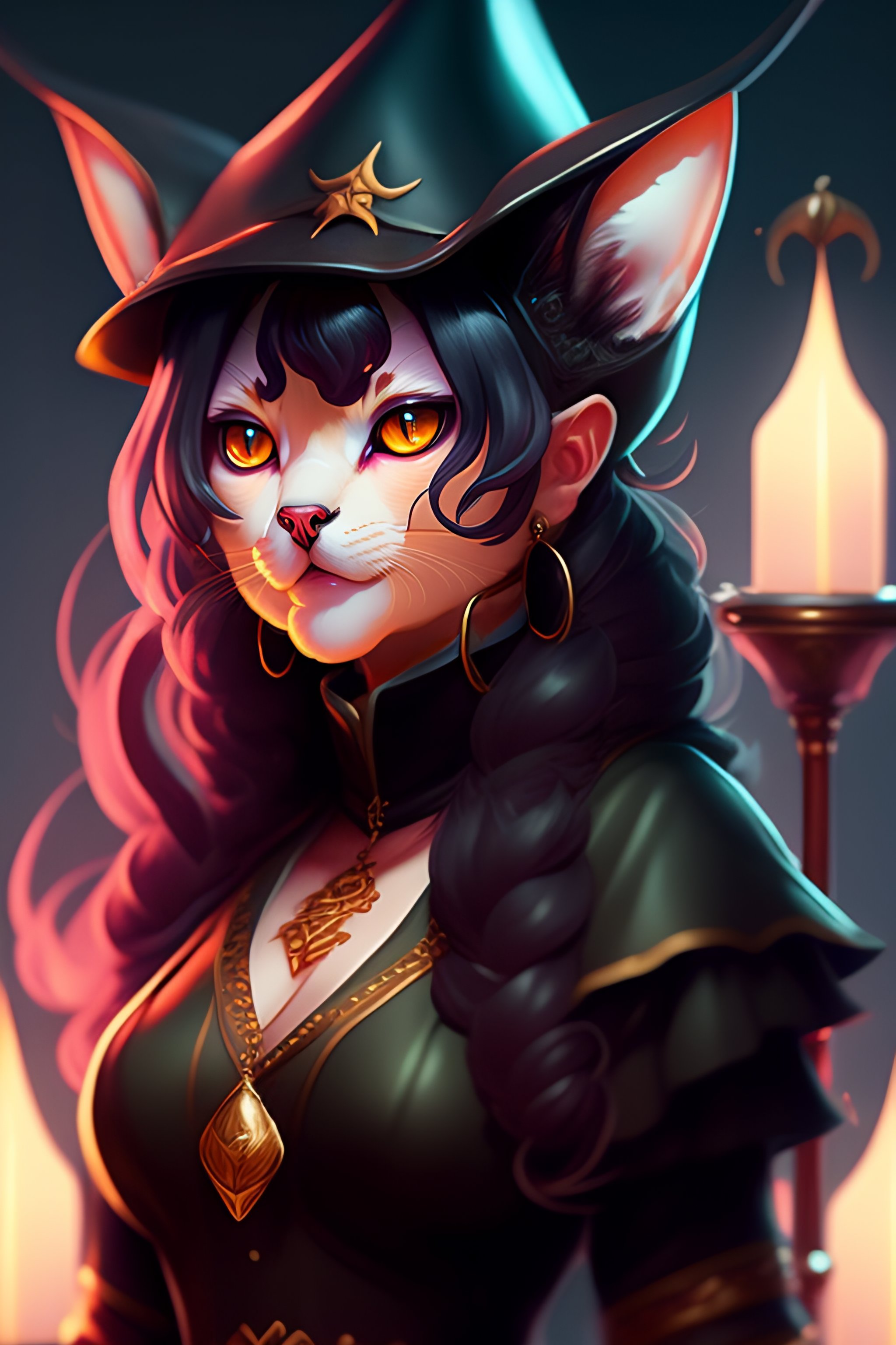 Lexica - Closeup of a cute cat witch with staff cloack and pack, D&D ...