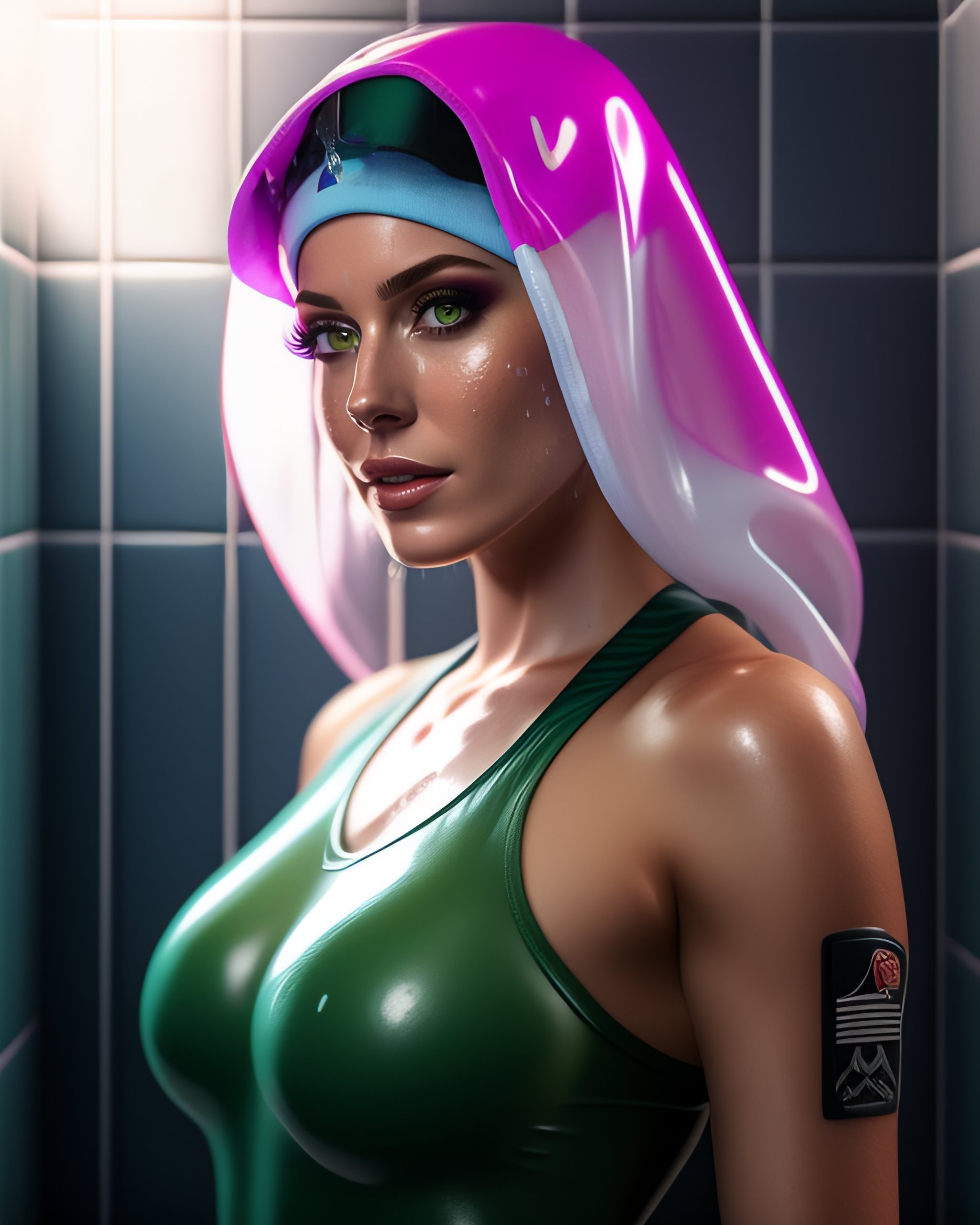 Lexica - Ela from rainbow six siege in shower very wet with very see  through cloths you can barly see, camera pointed to rear.