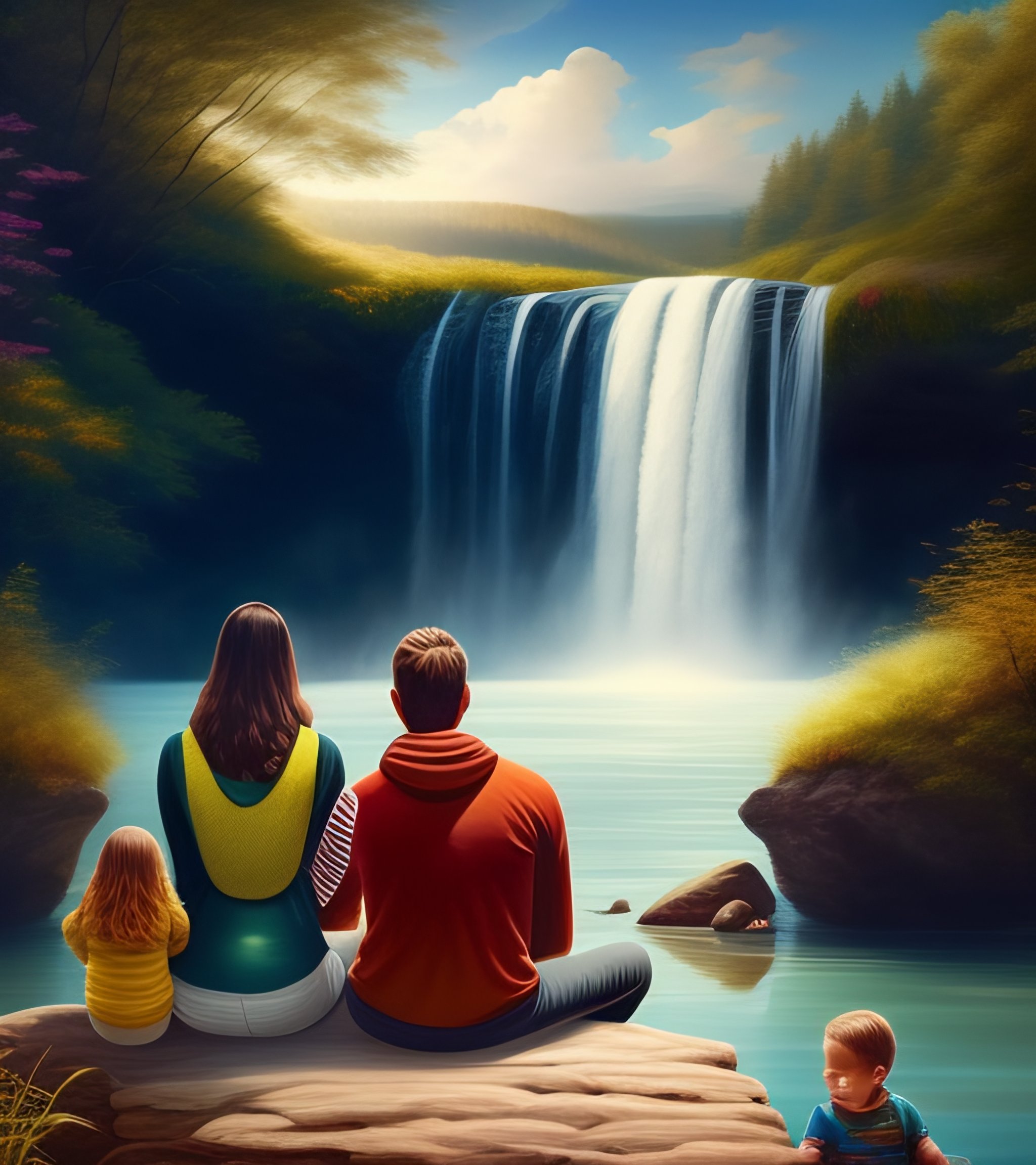Lexica - Create an image with a man and a woman with children relaxing ...