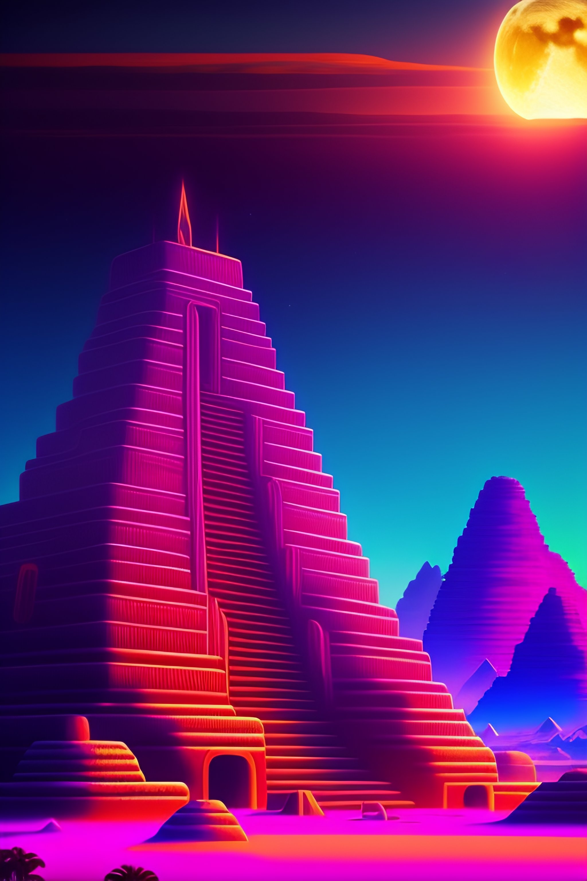 Lexica - Synthwave inka town with moon background, sharp focus