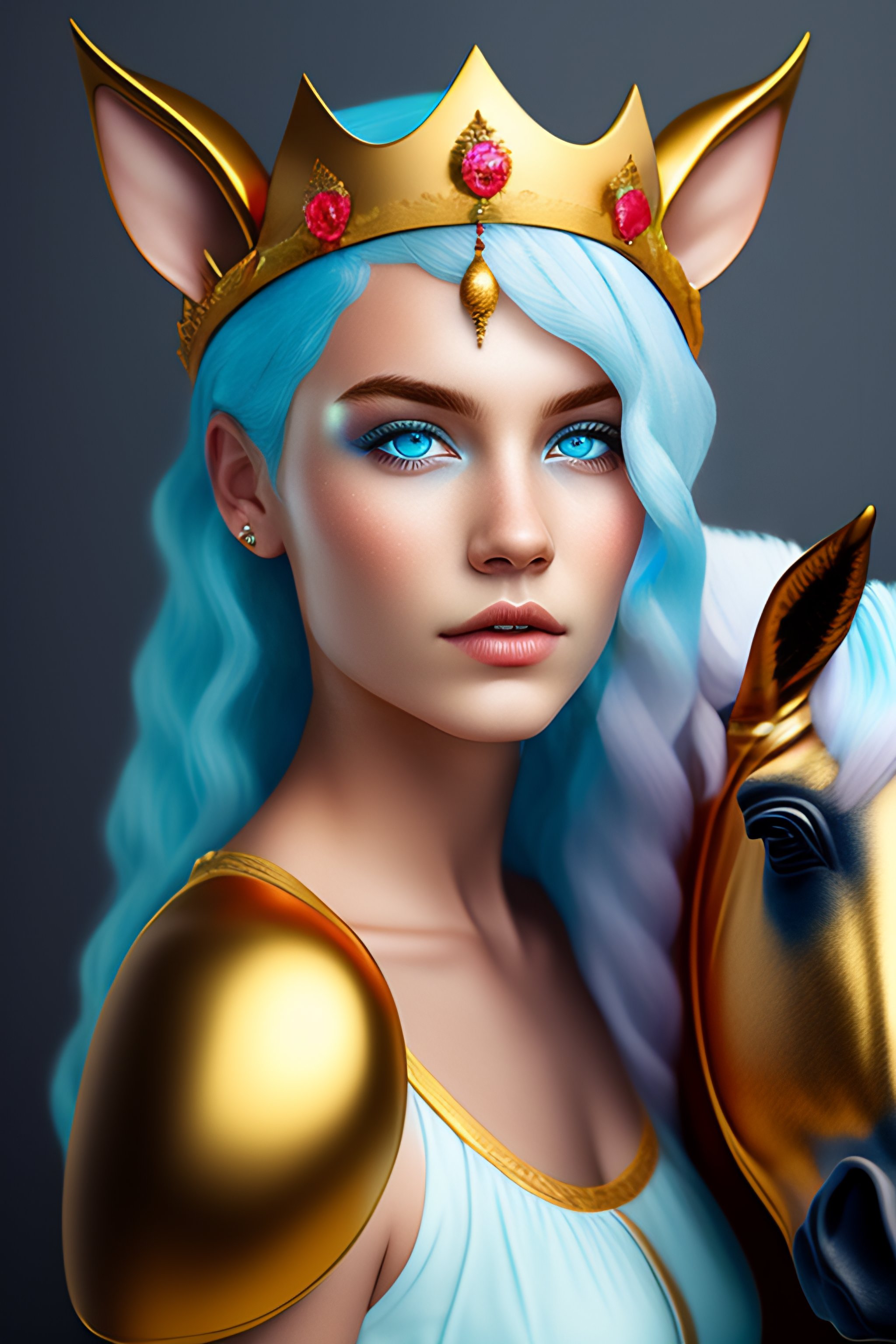 Lexica - Girl with short light blue hair and red eyes wearing a golden ...