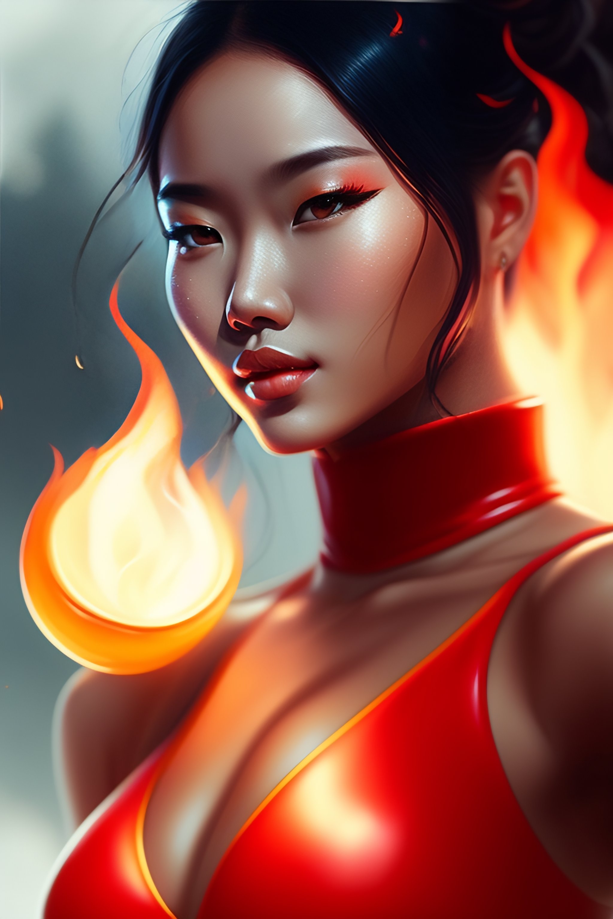 lexica-a-woman-in-swimsuit-holding-a-fire-ball-a-digital-painting-by