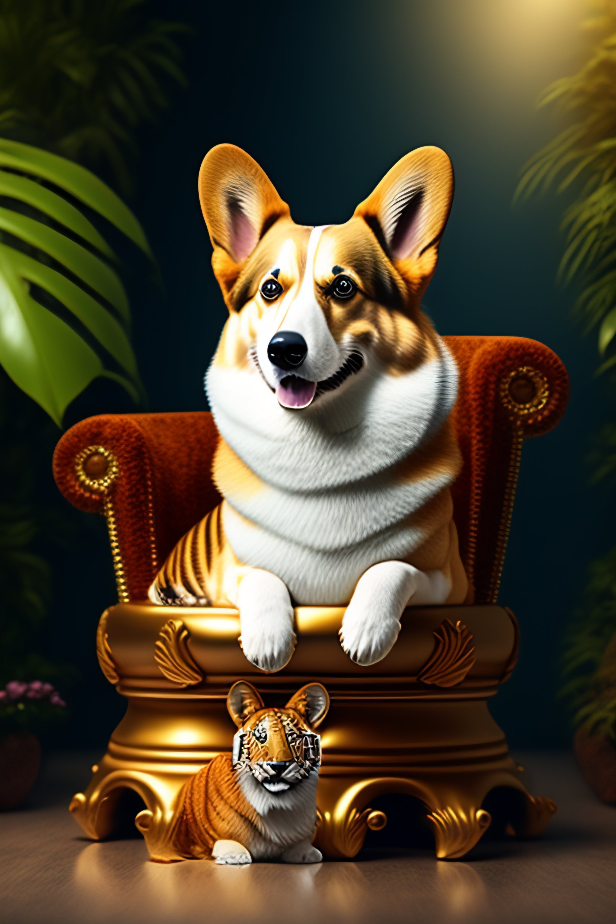 Lexica - King dog corgi sitting on throne, with crown, in jungle, lions ...