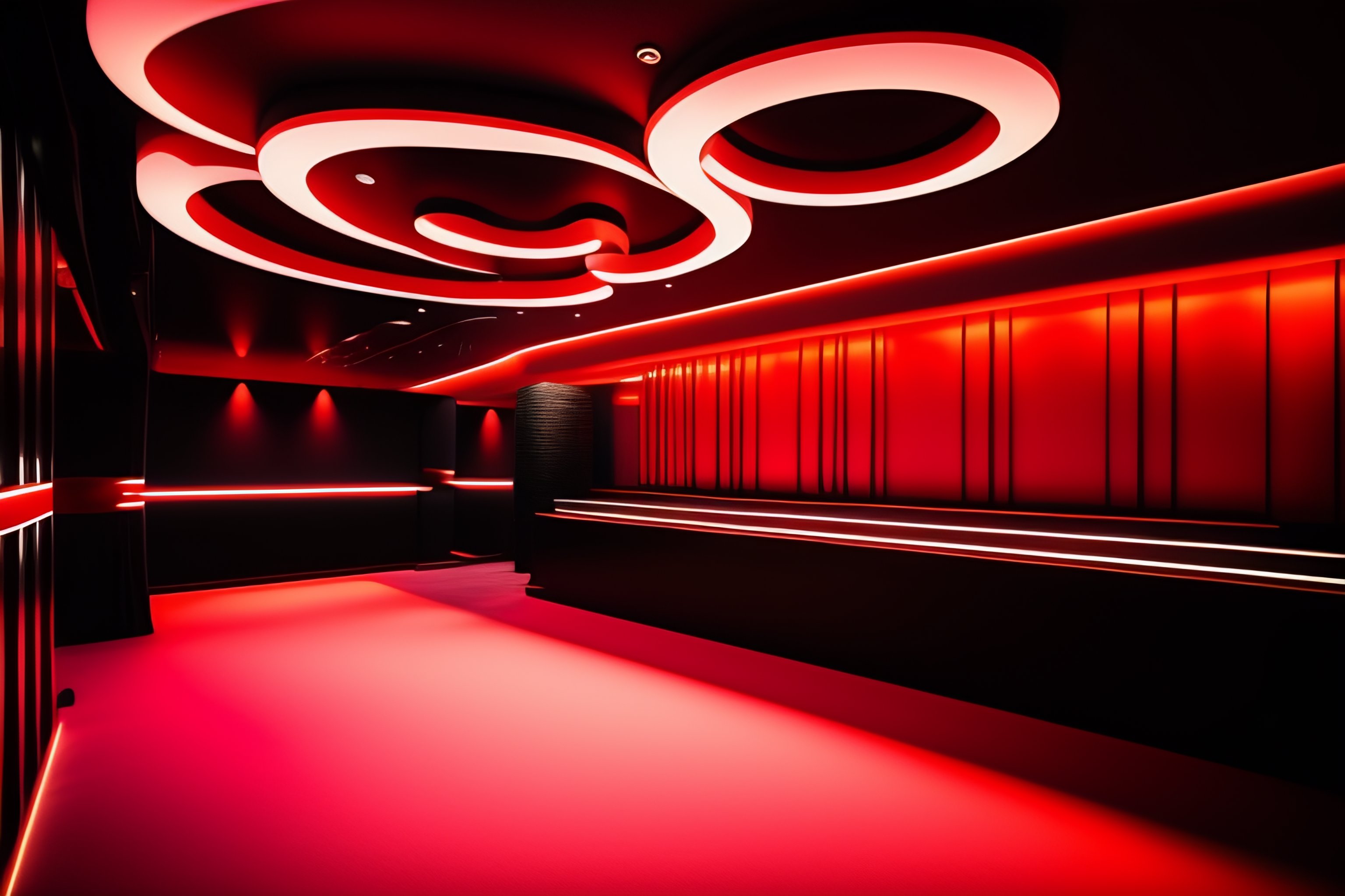 Lexica - Black and red nightclub interior, pole dance bars, symetrical ...