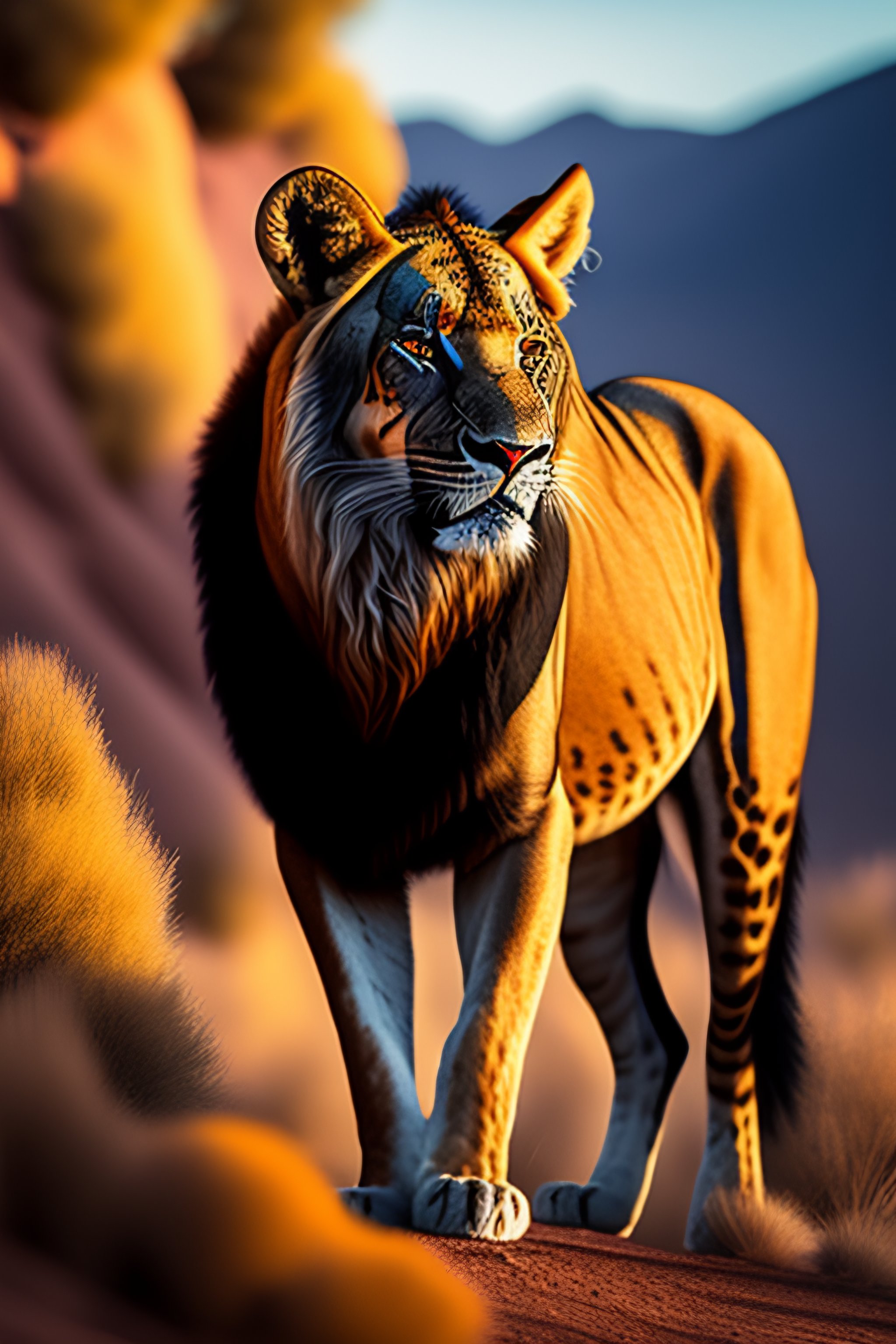 Lexica Un leon sobre una montaña con el sol de espaldas