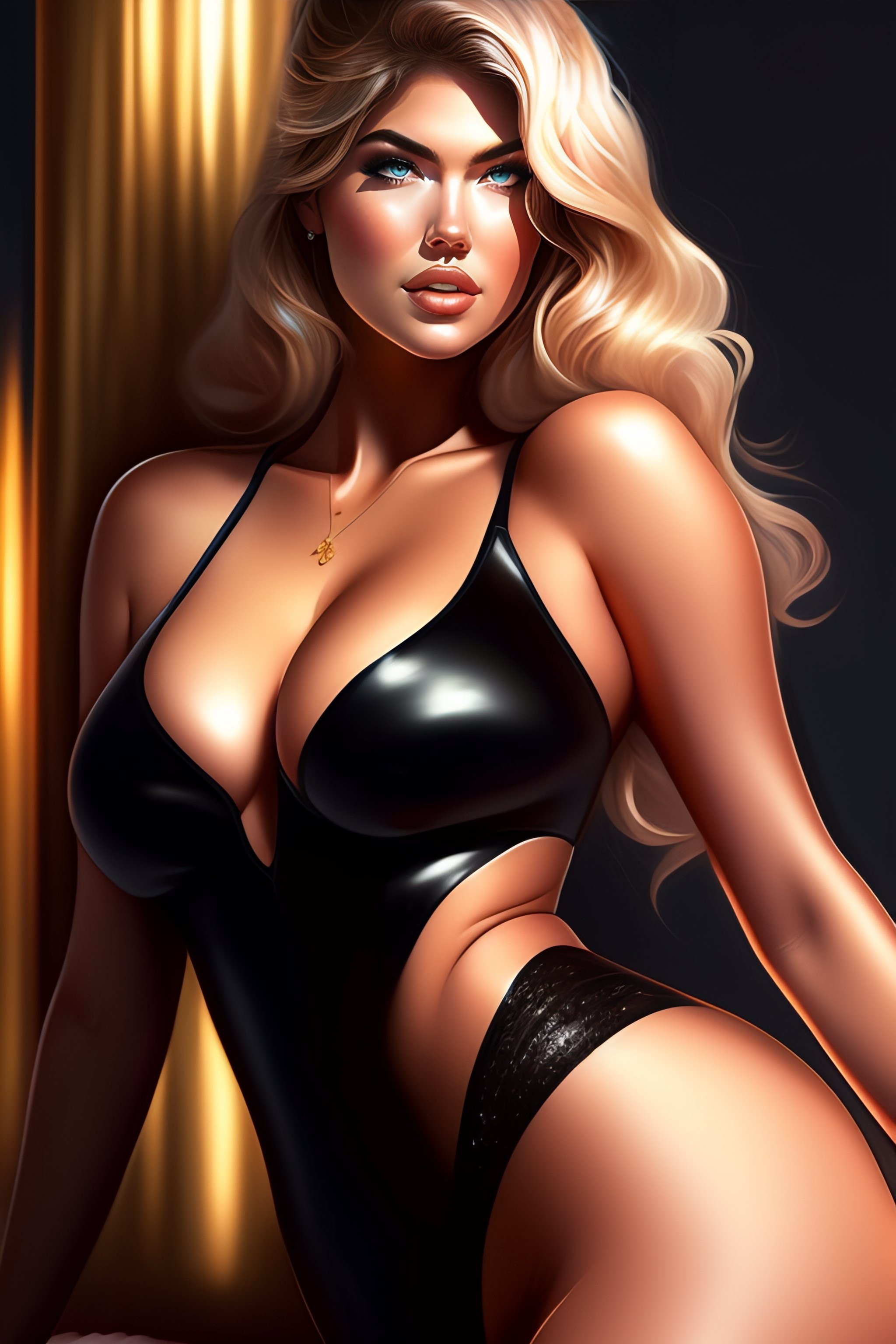 Lexica - Full body, 2D digital painting of Kate Upton, wearing black  outfit, crouching in a bed, full intimate setting, by artgerm lau rossdraws  eleg...