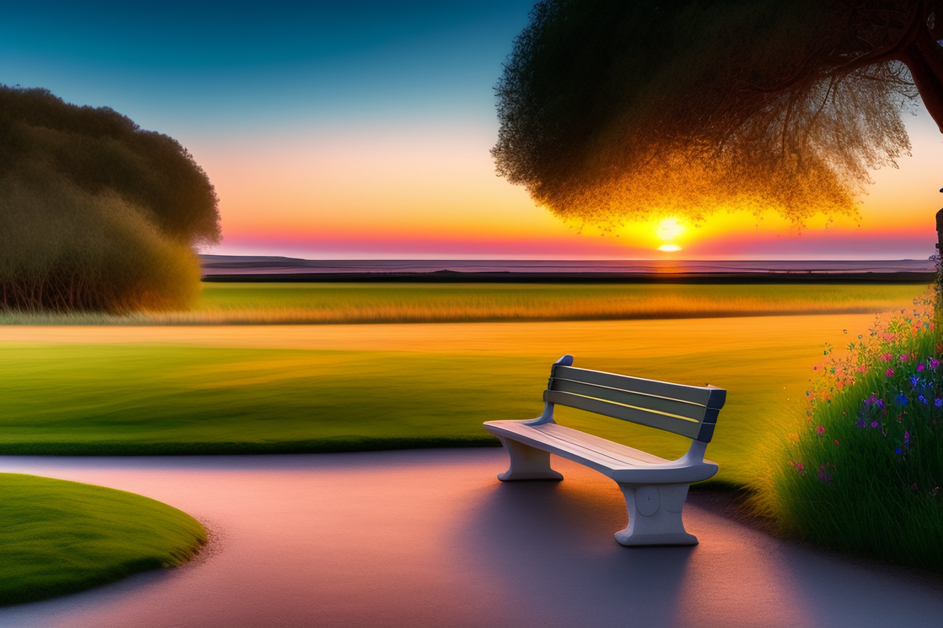 lexica-peaceful-bench-a-beautiful-landscape-in-front-of-it-at-sunset