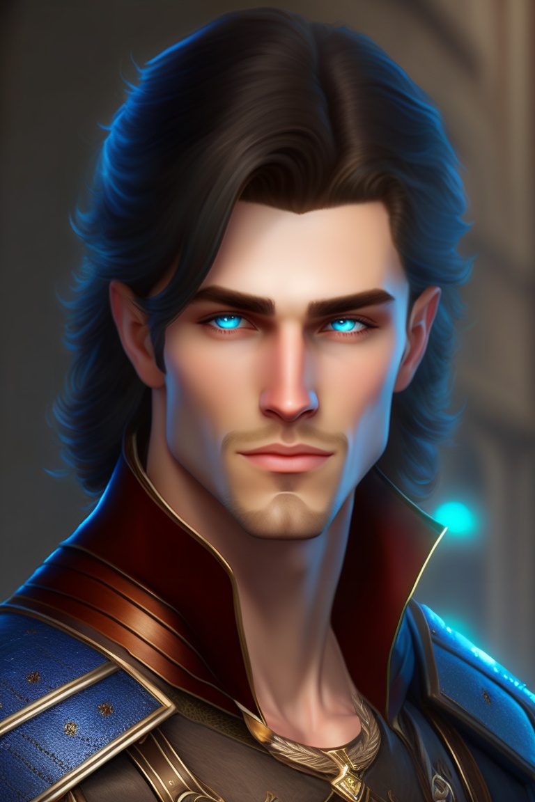 Lexica - Handsome male fantasy bard with blue eyes and dark hair, semi ...