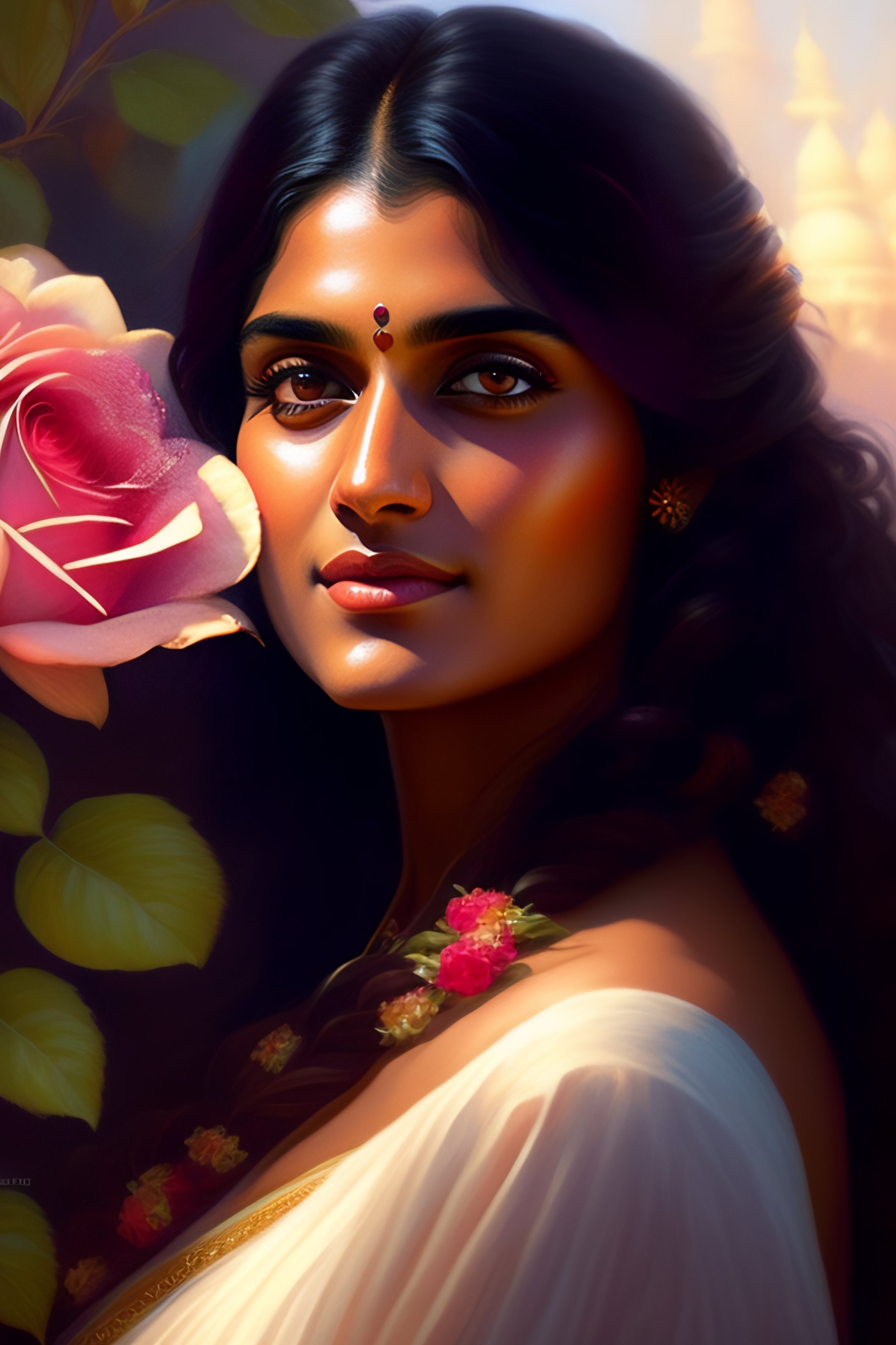Lexica - Spanish woman niveda thomas, smelling a flower, roses everywhere,  highly detailed, silver bra with golden line design, big bra, digital  pain