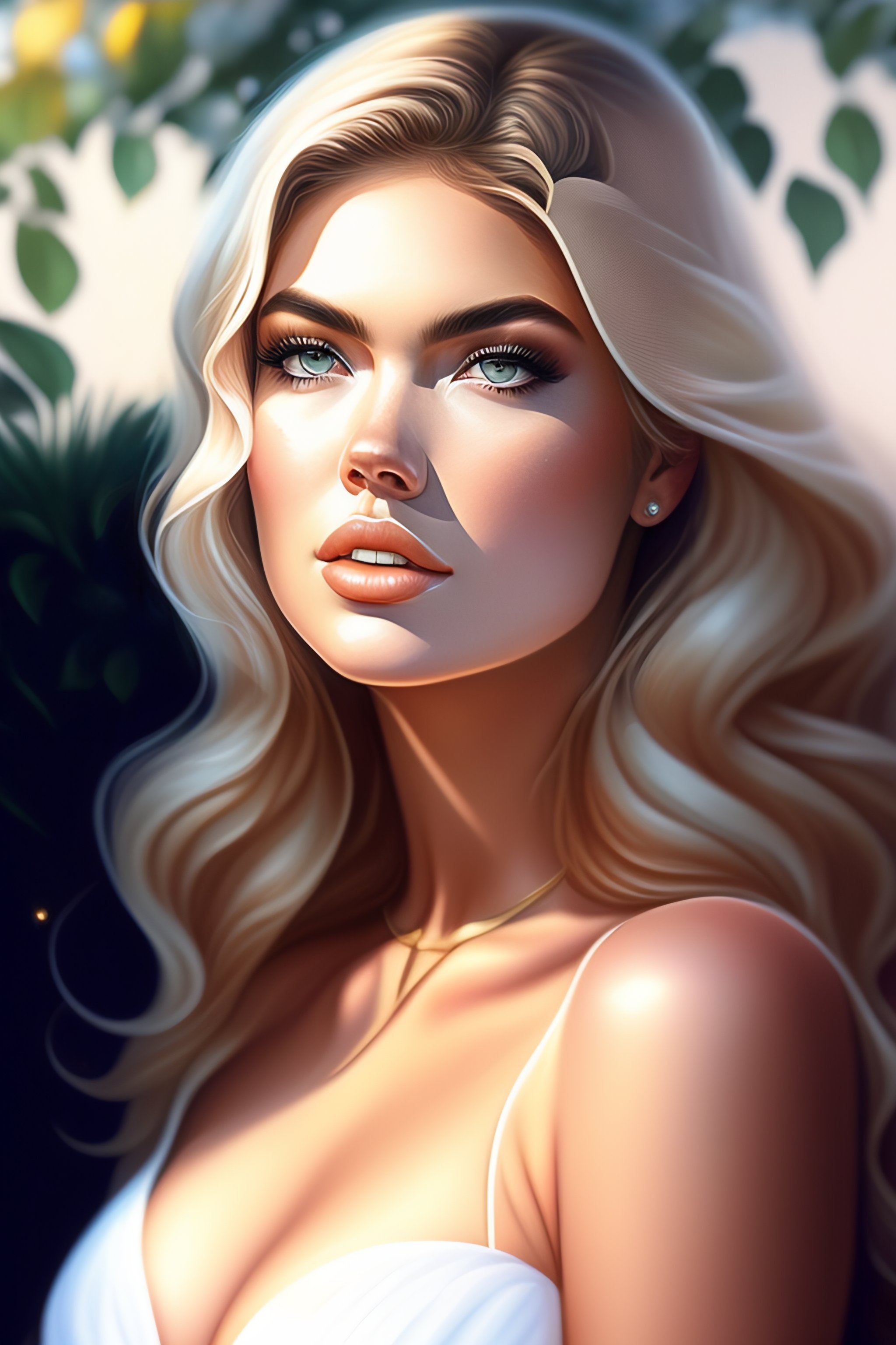 Lexica - 2D digital painting of Kate Upton, wearing white outfit, crouching  in a bed, full intimate setting, by artgerm lau rossdraws elegant highly ...