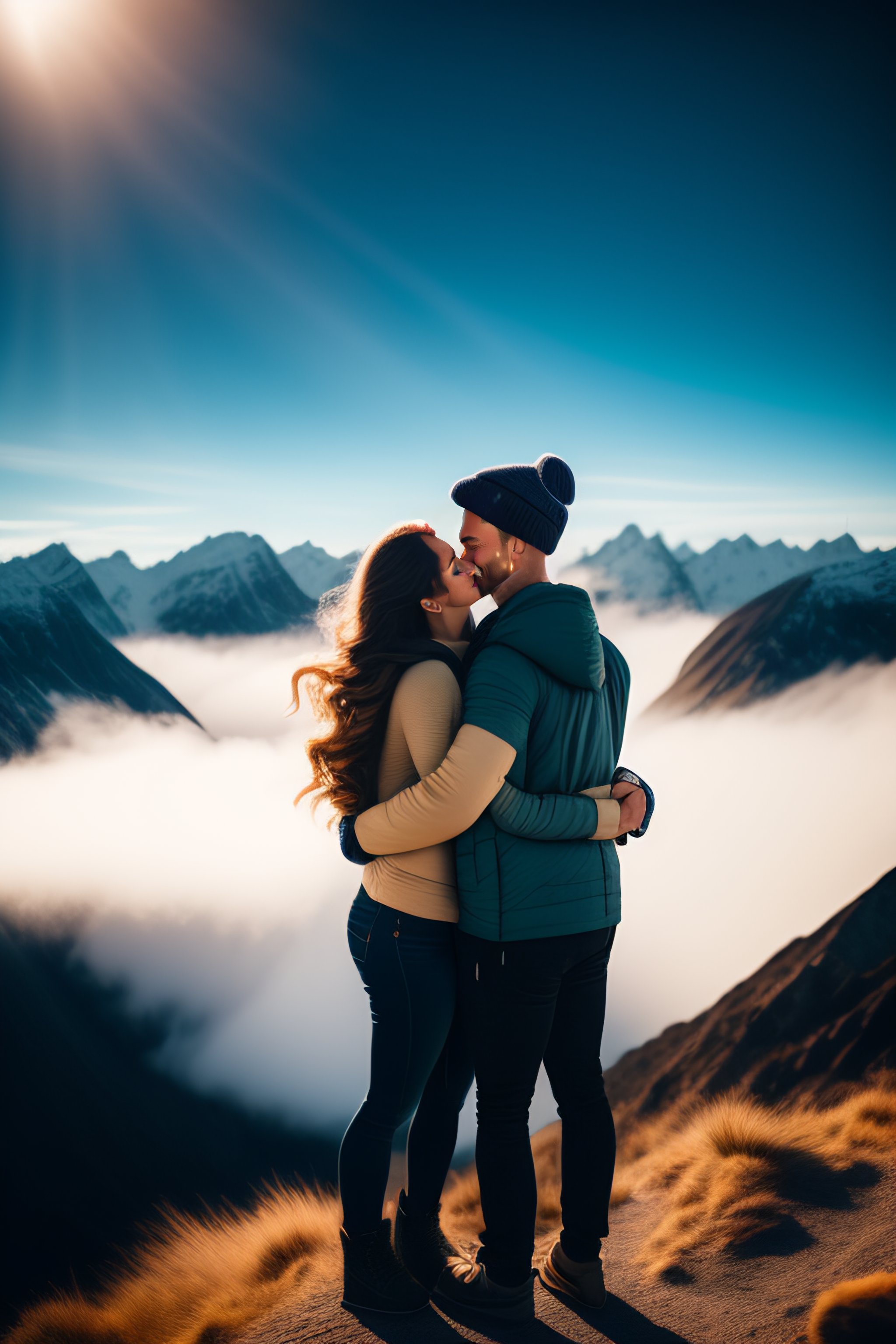 lexica-a-short-girl-and-tall-boy-hugging-on-top-of-mountains