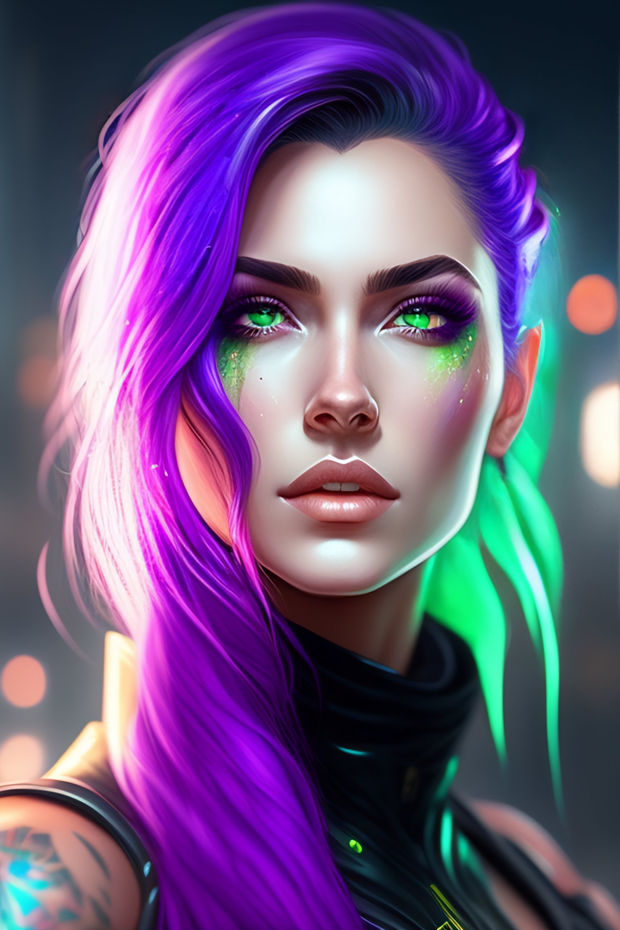 Lexica - Woman, big scar on the nose, green eyes, purple hair, looks ...