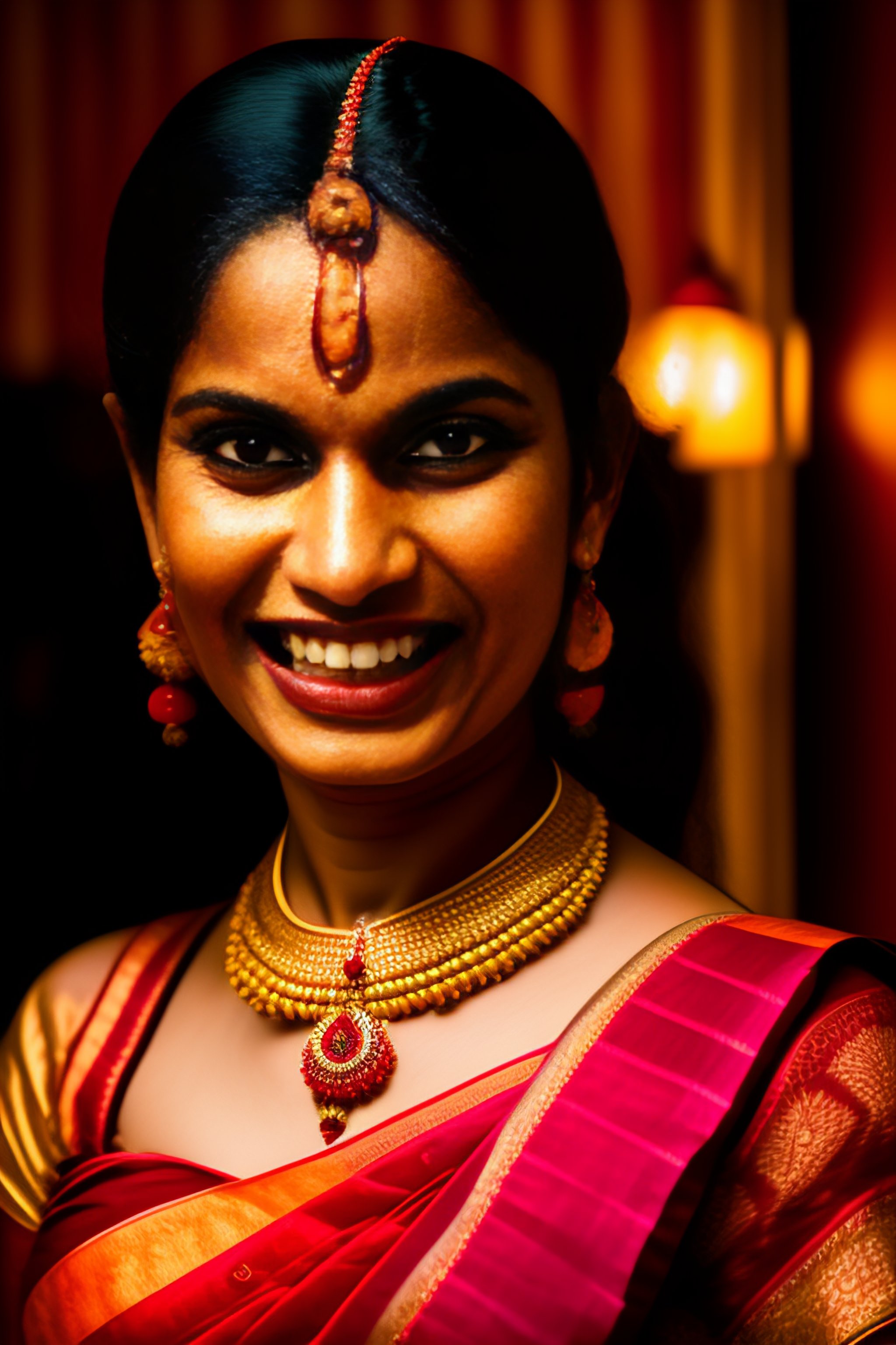 Lexica A traditional Bengali woman, demonic eyes, mouth open showing