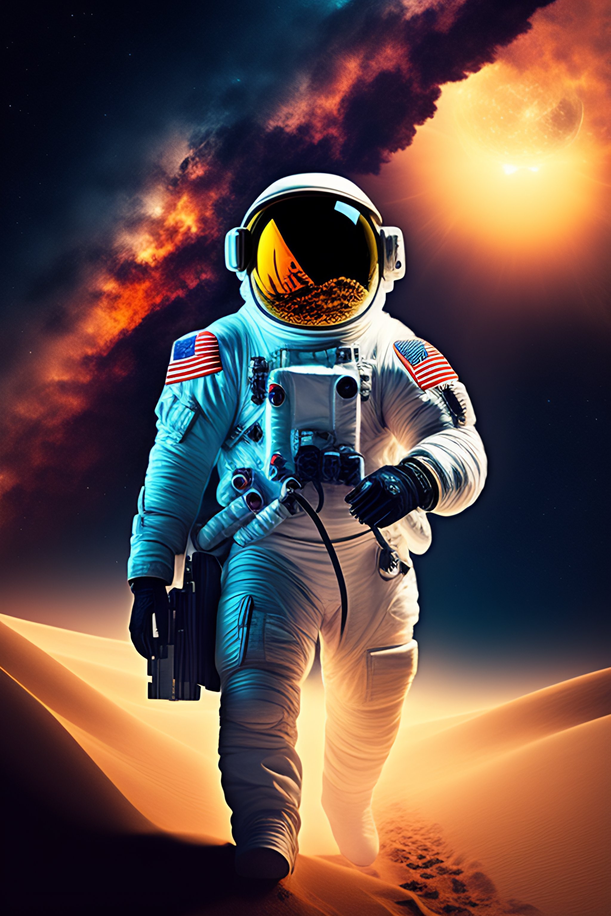 Lexica - Astronaut in a dessert, gun in hand