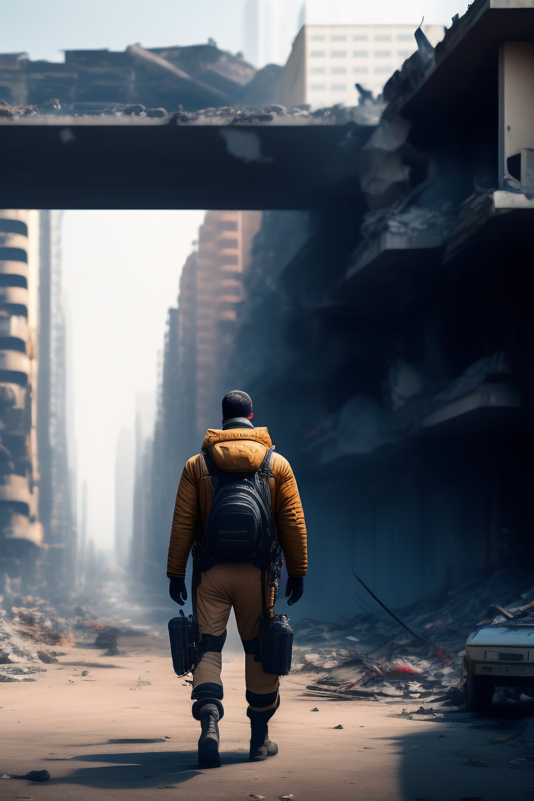 Lexica - Man inside of a exoskeleton suit exploring a city destroyed by ...