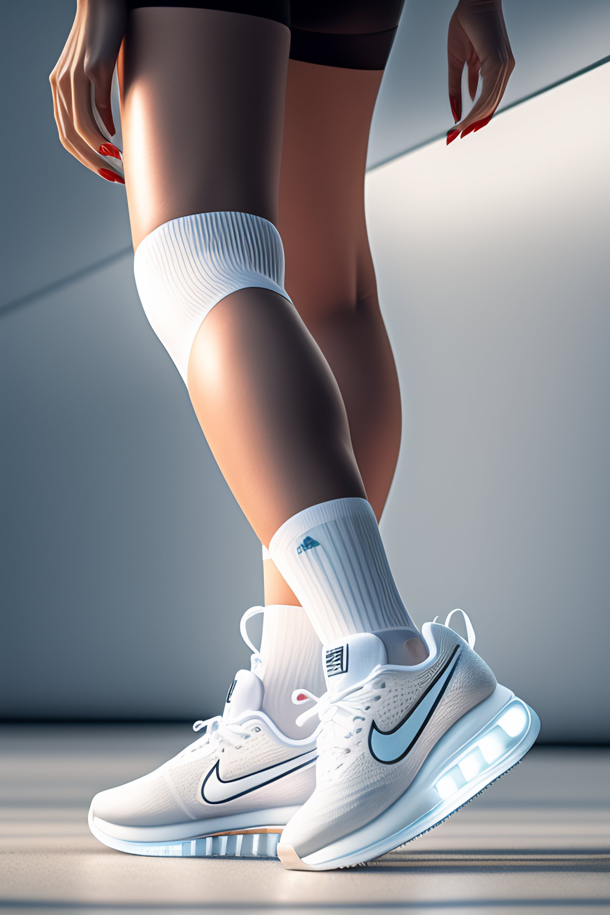 Lexica - Portrait of a female pinup model in love wearing leggings,  (((wearing nike socks))), nike socks, shoes, legs, full body shot, dynamic  pose