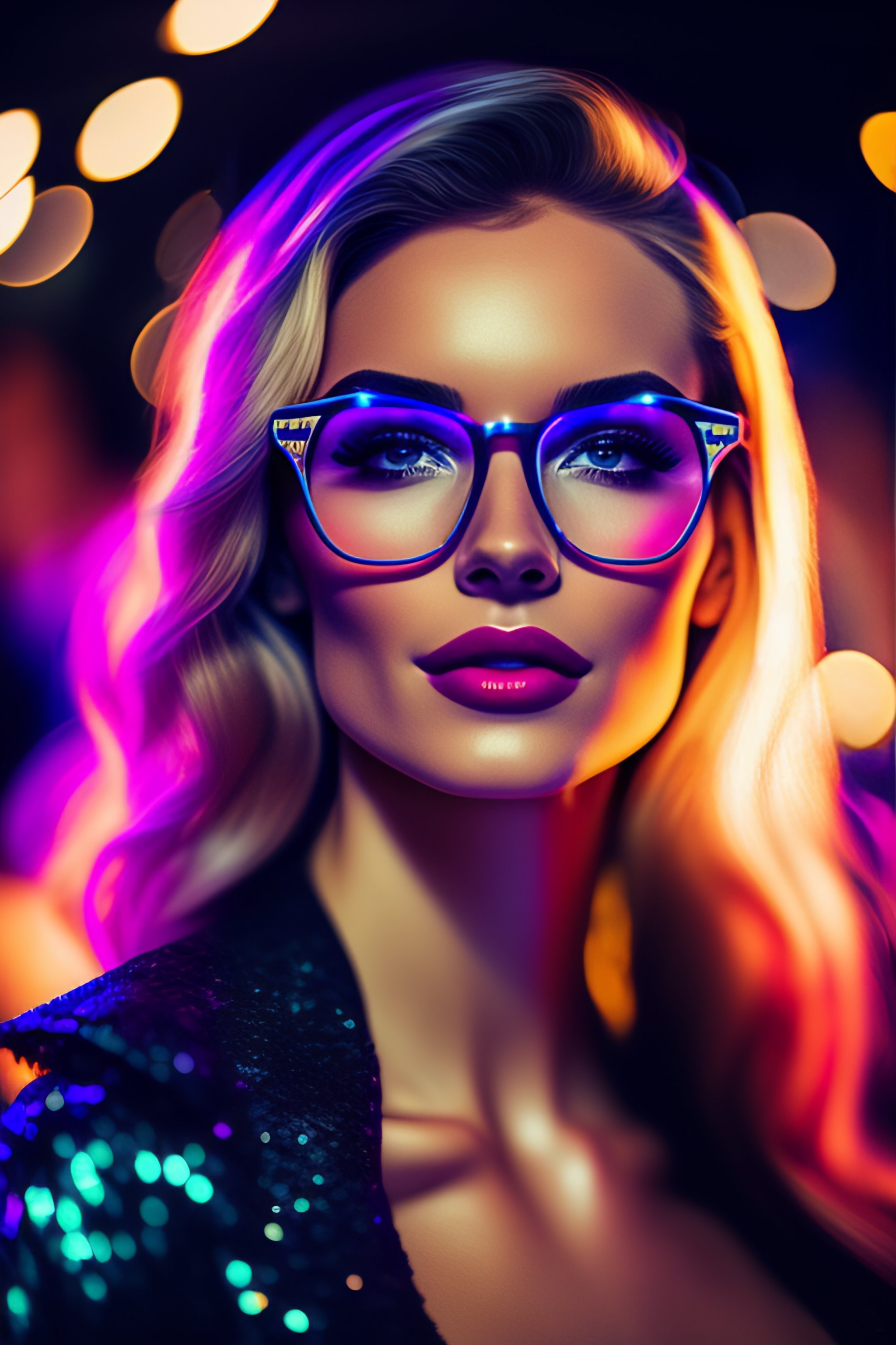 Lexica - A fashion girl in a night party with led cotillon glasses