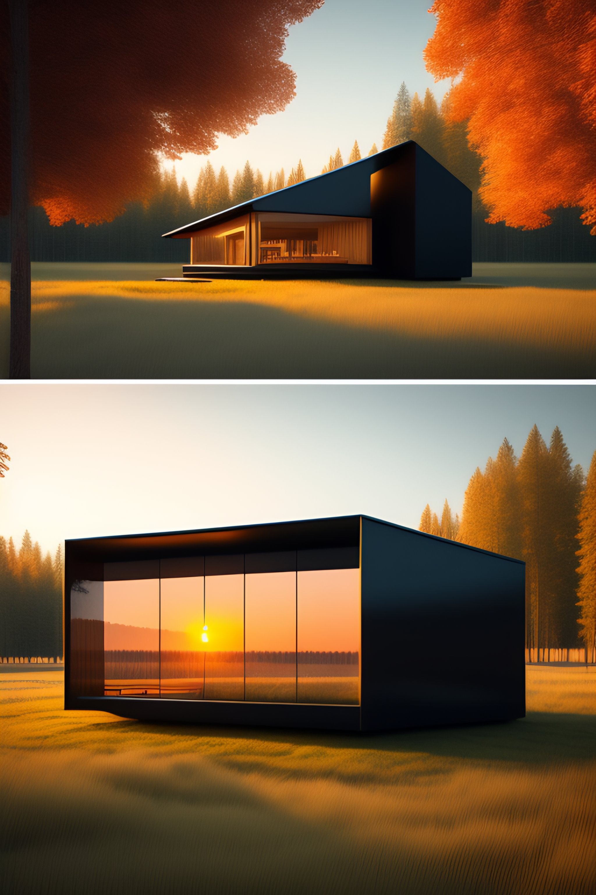 Lexica - A wide image of a full innovative 3D contemporary cabin, hyper ...