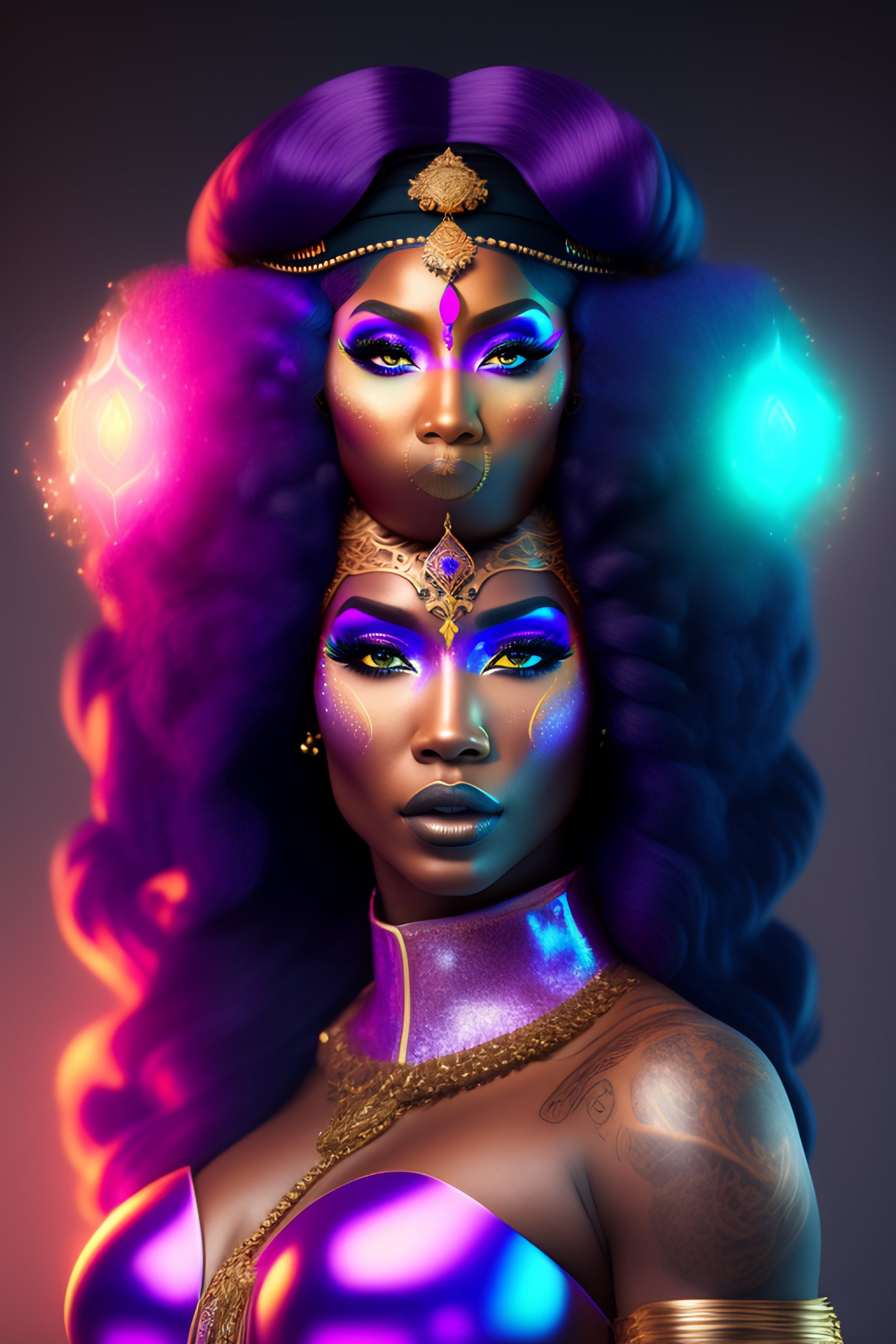 Lexica - A WLOP 3d render of very very highly detailed mystic, enigmatic,  strange portrait of nicki minaj as a phantom warrior with galaxy, tattoos  b...